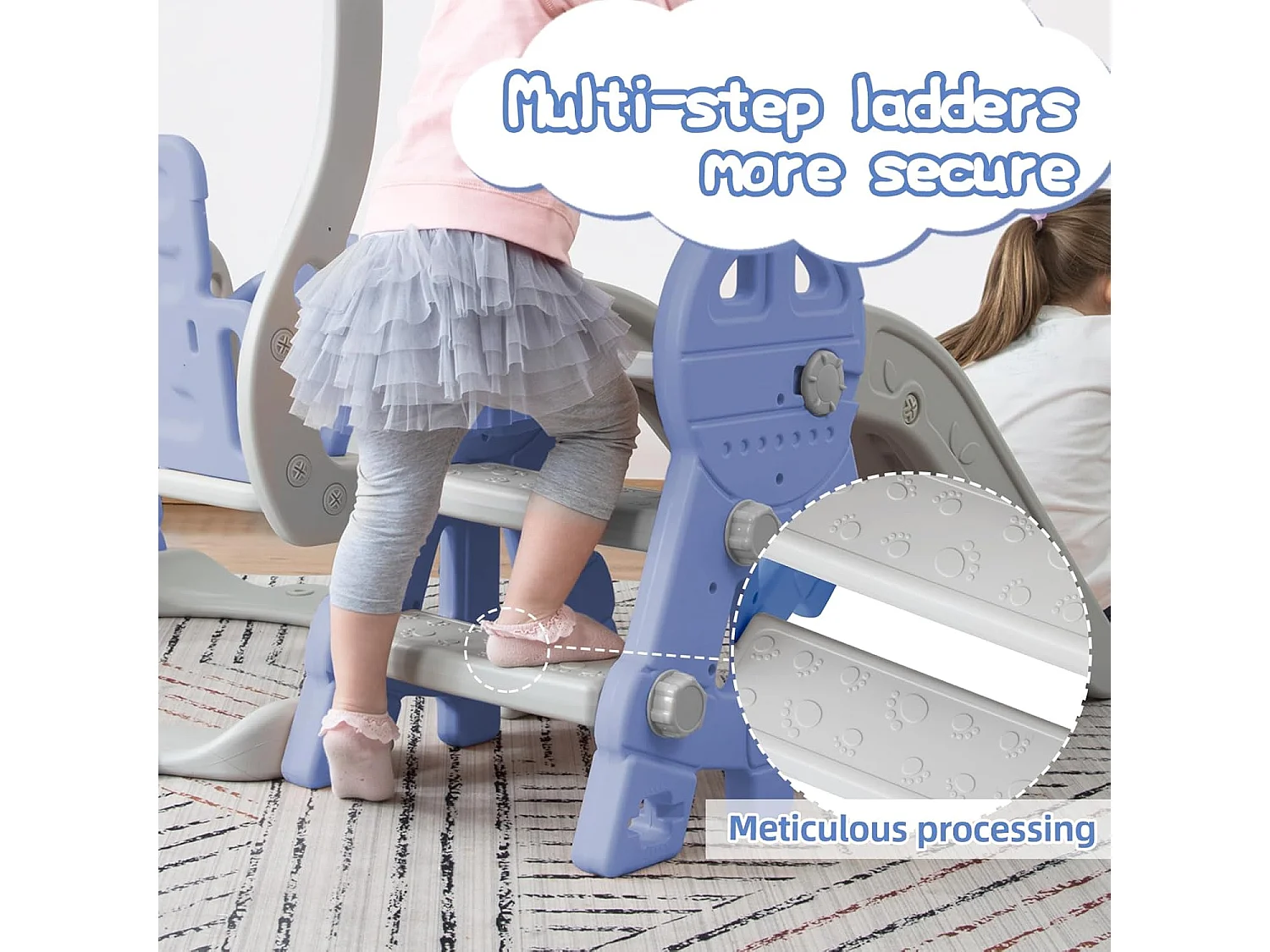 Conjunto de balanço infantil 4 em 1 com escorregador, escada, balanço e cesta de basquete - interno/externo - azul