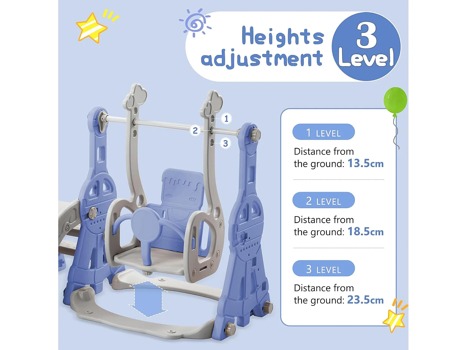 Columpio infantil 4 en 1 con tobogán, escalera, columpio y aro de baloncesto - Interior/Exterior - Azul