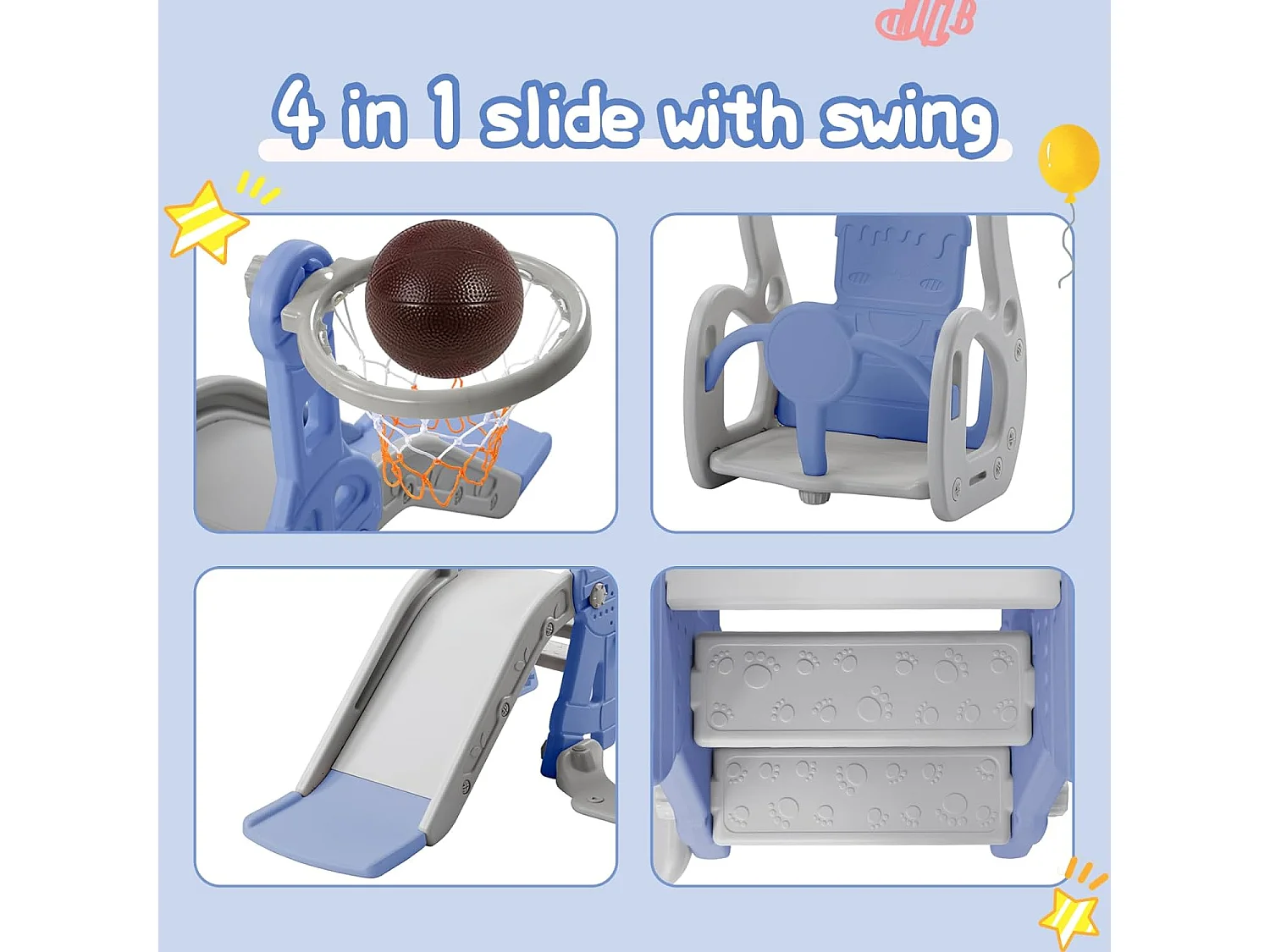 Columpio infantil 4 en 1 con tobogán, escalera, columpio y aro de baloncesto - Interior/Exterior - Azul