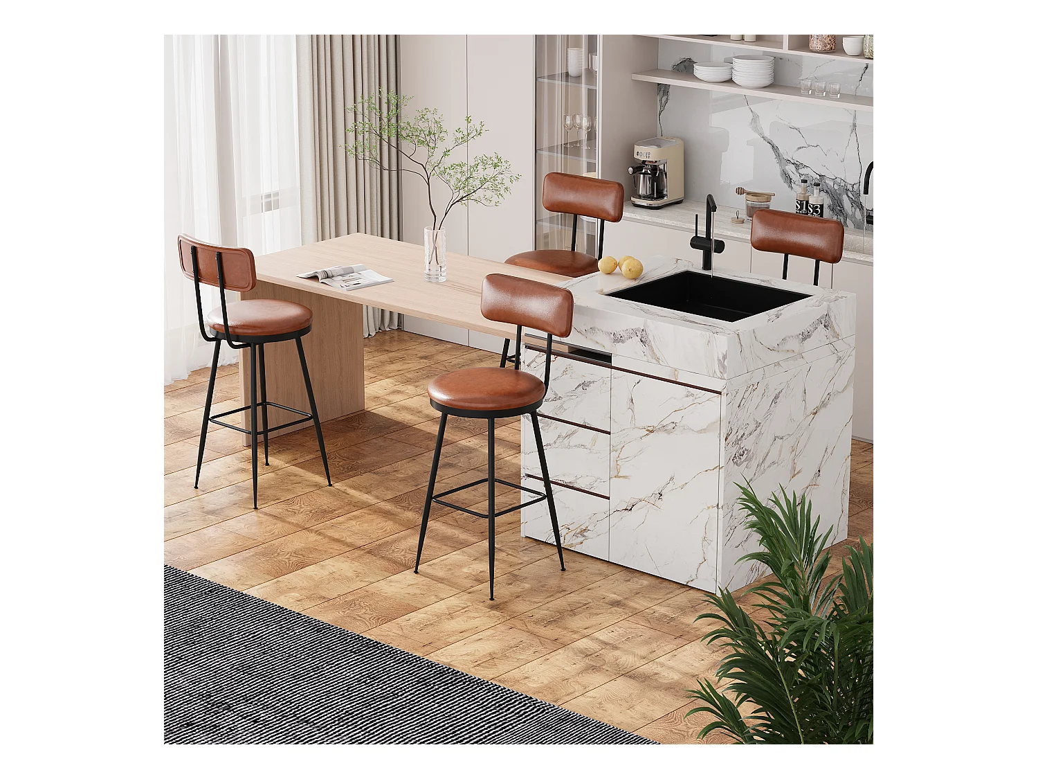 Lot de 2 Chaises de Bar Modernes – Dossier, Simili Cuir Marron, Structure Métal, Hauteur 65 cm