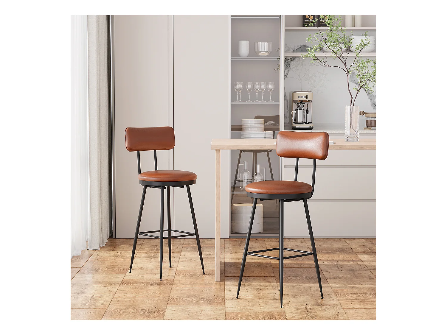 Set di 2 sedie da bar moderne – Schienale, similpelle marrone, struttura in metallo, altezza 65 cm
