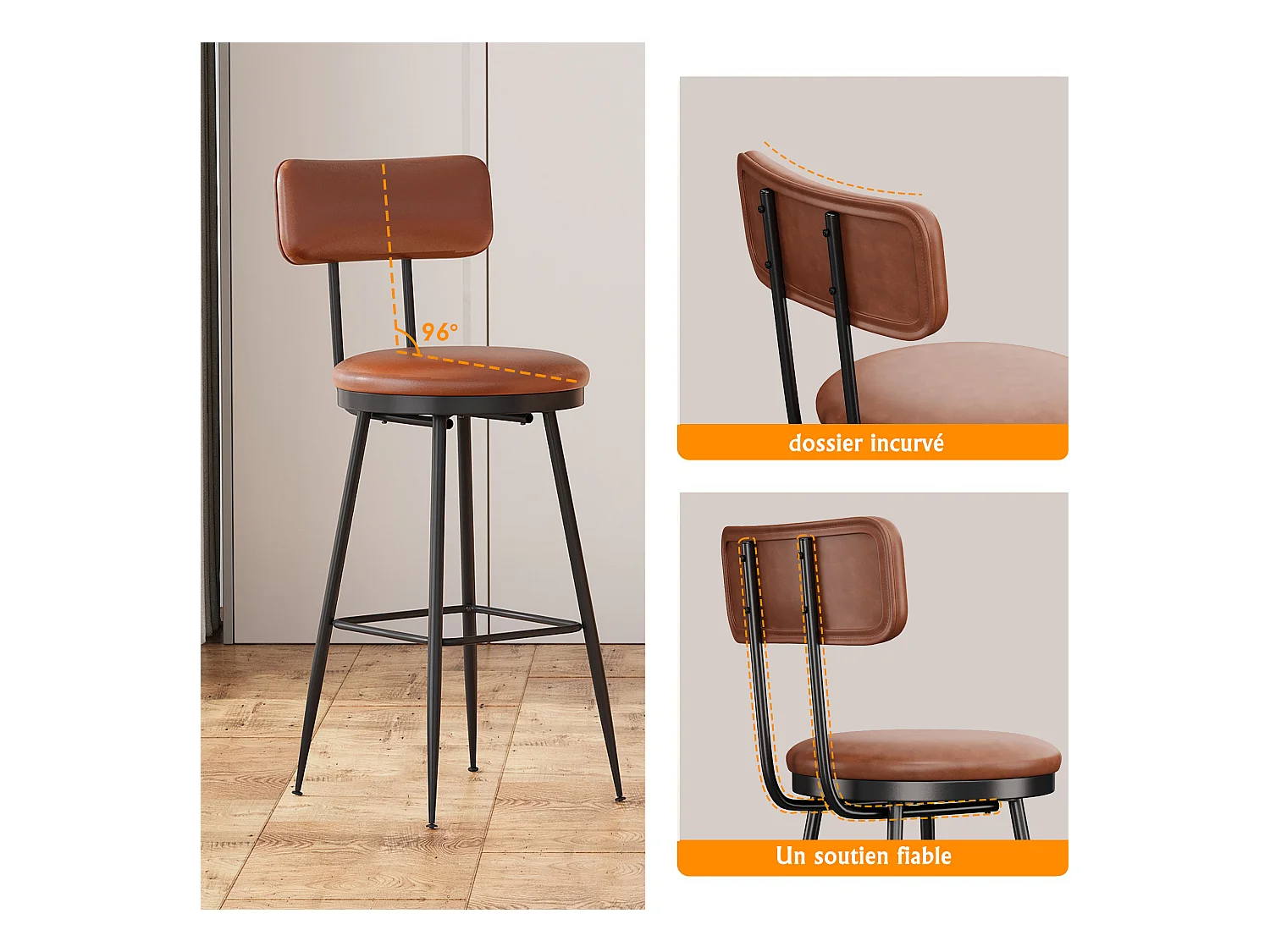 Set di 2 sedie da bar moderne – Schienale, similpelle marrone, struttura in metallo, altezza 65 cm