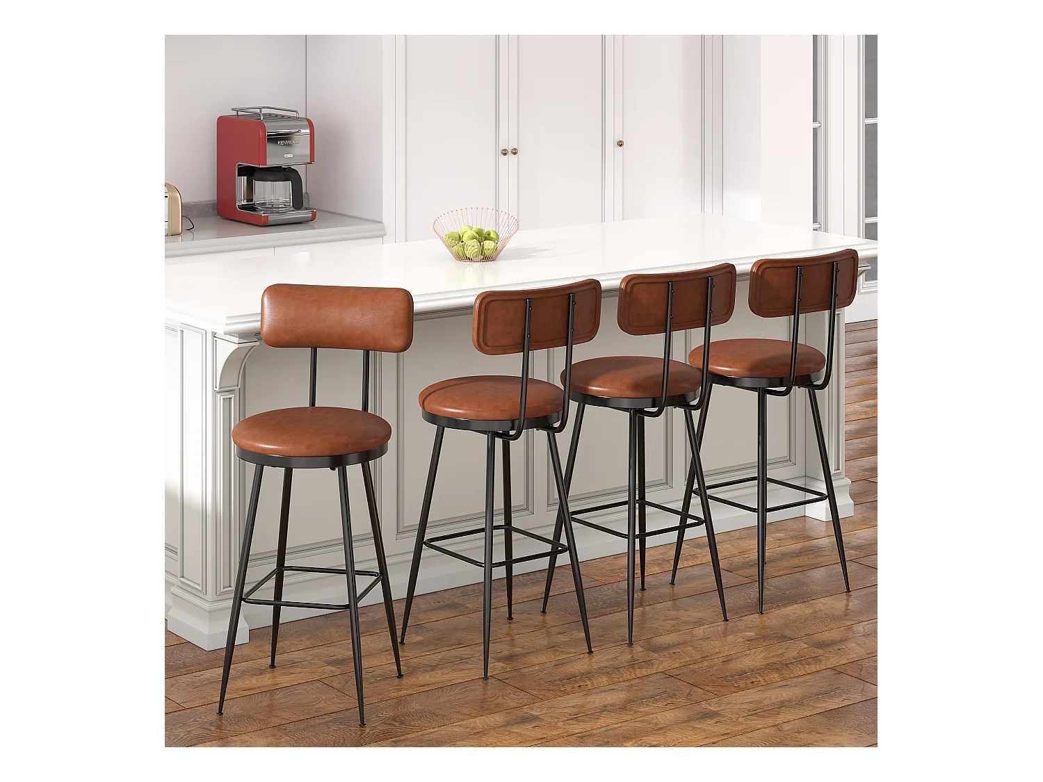 Lot de 4 Chaises de Bar – Dossier, Simili Cuir Marron, Hauteur 65 cm