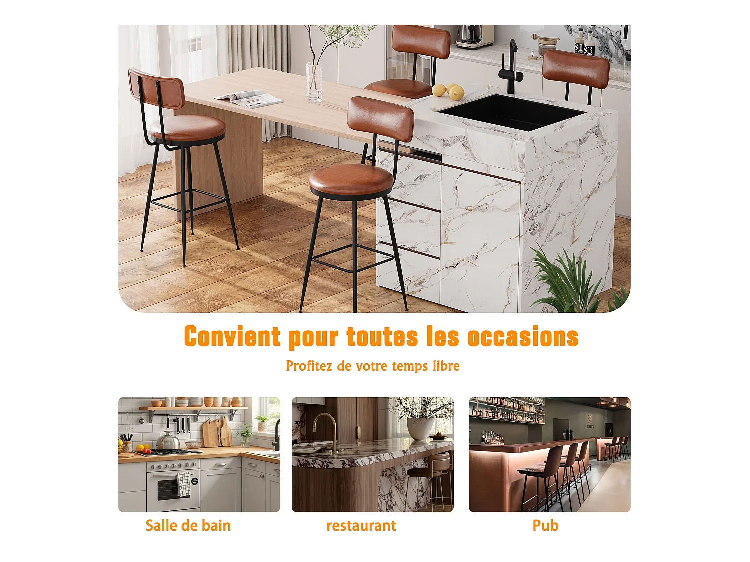 Lot de 4 Chaises de Bar – Dossier, Simili Cuir Marron, Hauteur 65 cm