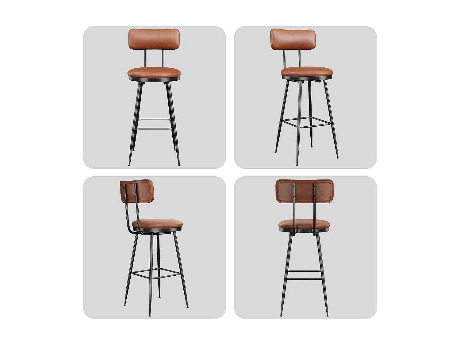 Lot de 4 Chaises de Bar – Dossier, Simili Cuir Marron, Hauteur 65 cm