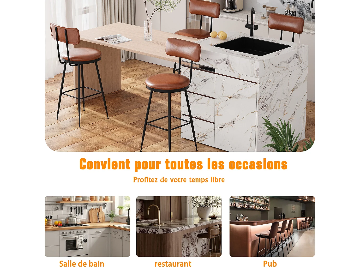 Lot de 4 Chaises de Bar – Dossier, Simili Cuir Marron, Hauteur 65 cm