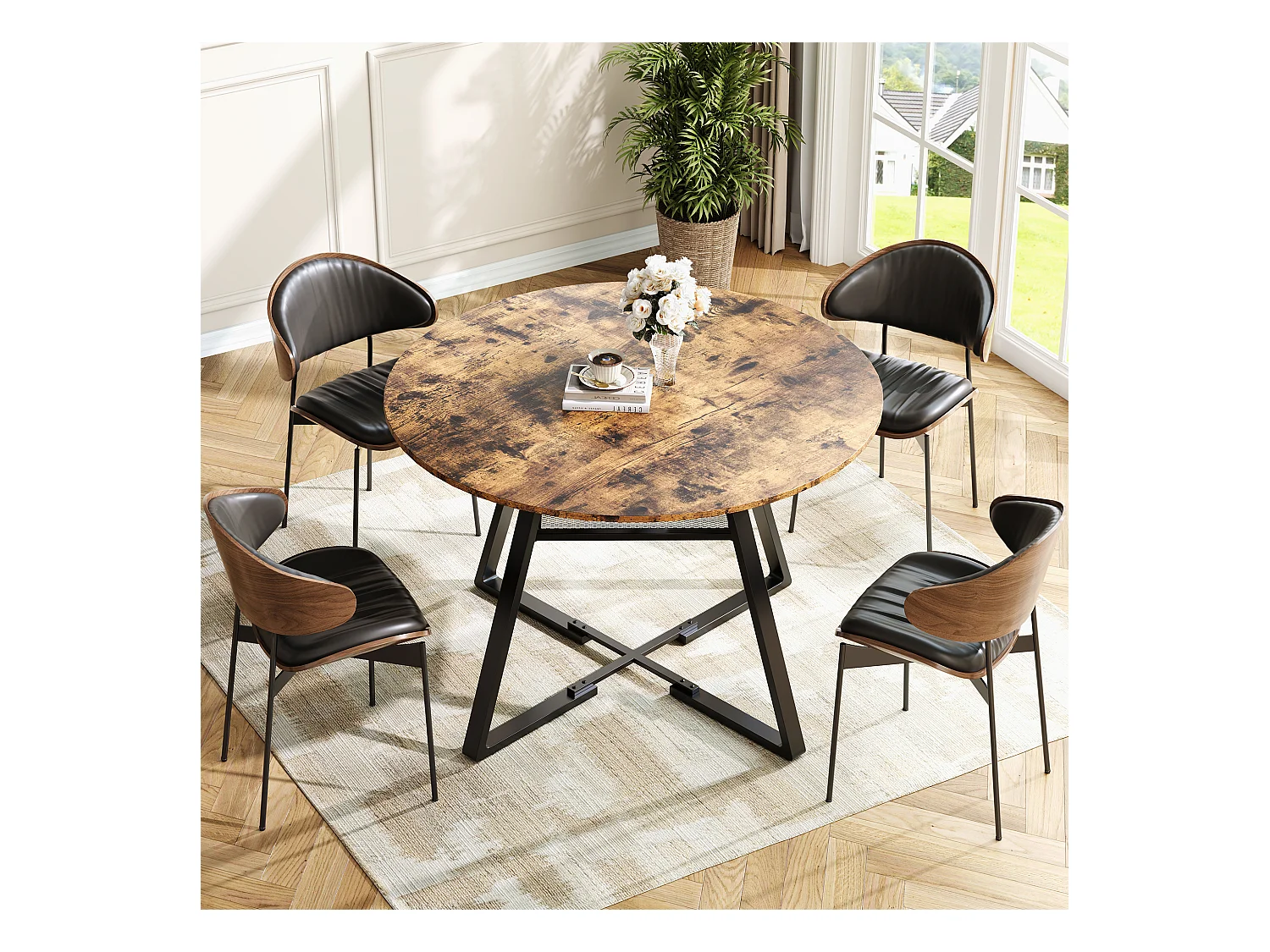 Table à Manger Ronde Industrielle 120 cm – Style Vintage avec Étagère de Rangement, 4-6 Personnes, Cuisine et Salle à Manger