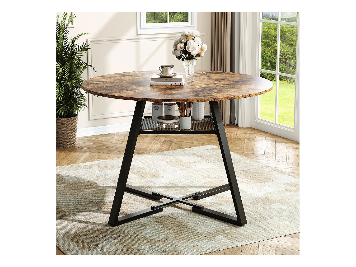 Table à Manger Ronde Industrielle 120 cm – Style Vintage avec Étagère de Rangement, 4-6 Personnes, Cuisine et Salle à Manger