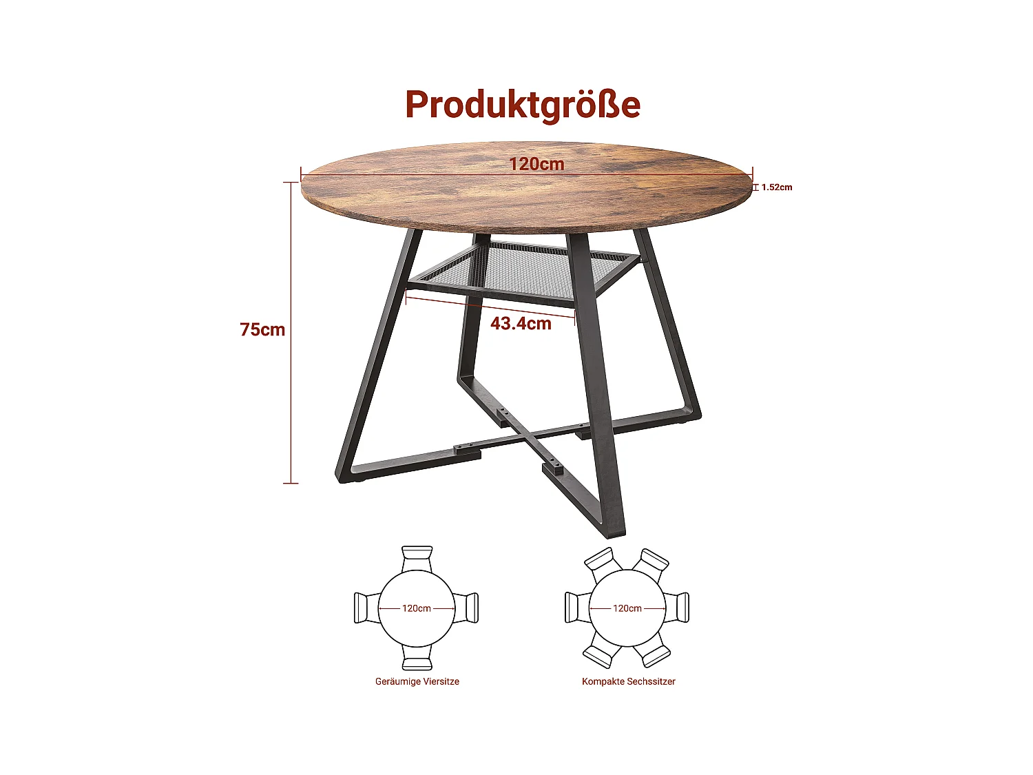 Table à Manger Ronde Industrielle 120 cm – Style Vintage avec Étagère de Rangement, 4-6 Personnes, Cuisine et Salle à Manger