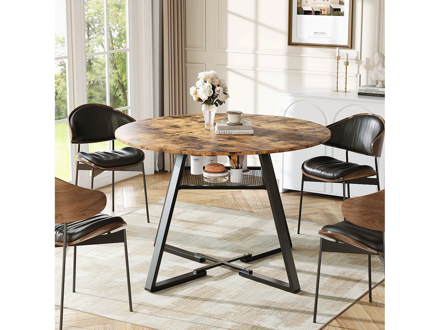 Mesa de Jantar Redonda Industrial 120cm - Estilo Vintage com Prateleira de Armazenamento, 4-6 Pessoas, Cozinha e Sala de Jantar