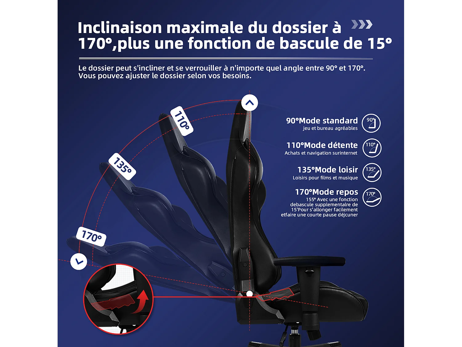 Chaise Gaming Hiazurm – Chaise de Jeu avec Dossier Réglable de 90° à 170° – Style Racing – Poids Max 150 kg