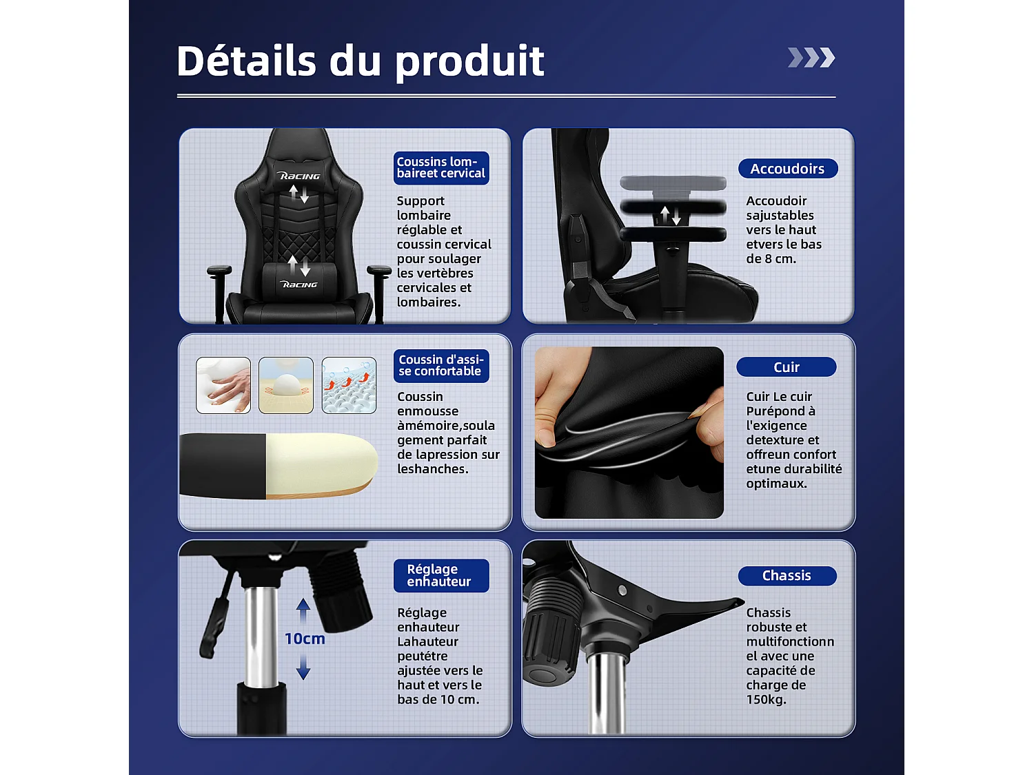 Chaise Gaming Hiazurm – Chaise de Jeu avec Dossier Réglable de 90° à 170° – Style Racing – Poids Max 150 kg