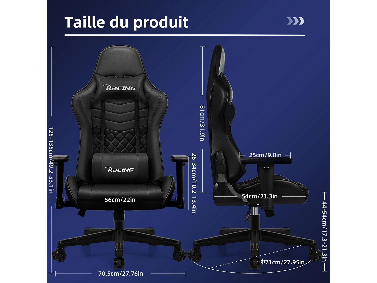 Chaise Gaming Hiazurm – Chaise de Jeu avec Dossier Réglable de 90° à 170° – Style Racing – Poids Max 150 kg