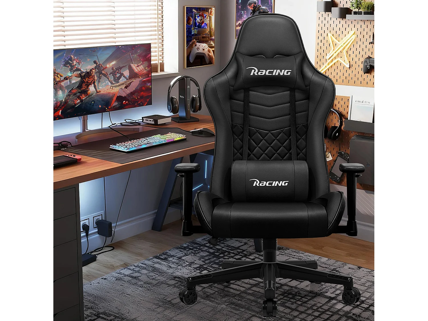 Chaise Gaming Hiazurm – Chaise de Jeu avec Dossier Réglable de 90° à 170° – Style Racing – Poids Max 150 kg