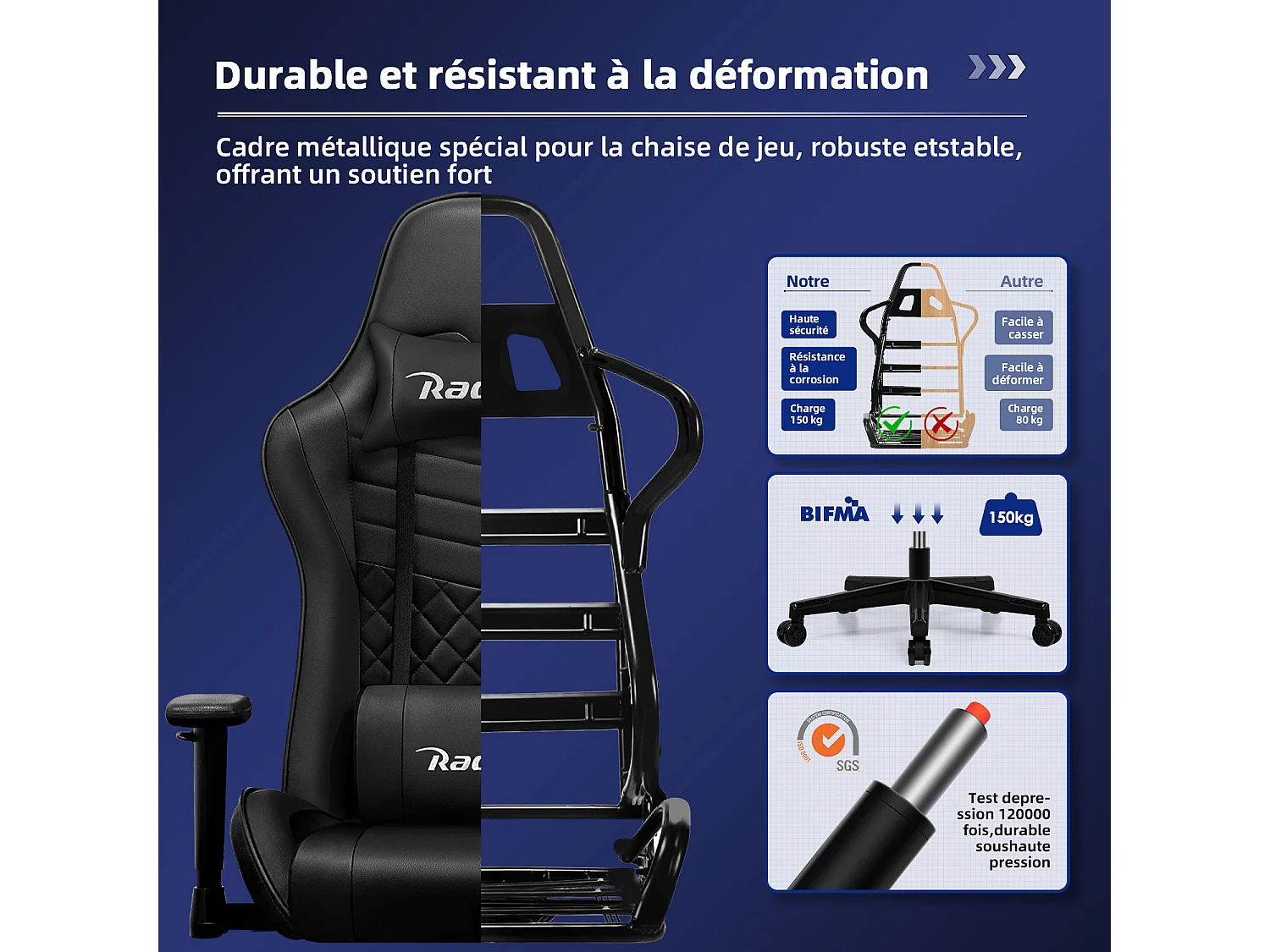 Chaise Gaming Hiazurm – Chaise de Jeu avec Dossier Réglable de 90° à 170° – Style Racing – Poids Max 150 kg