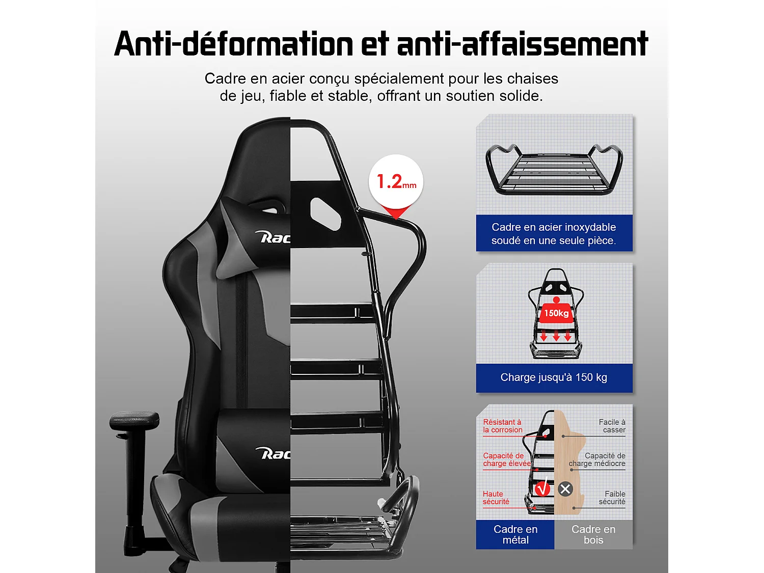 Chaise Gaming - Chaise de Gaming avec Dossier Réglable de 90° à 165°- Poids Maximum 150 kg