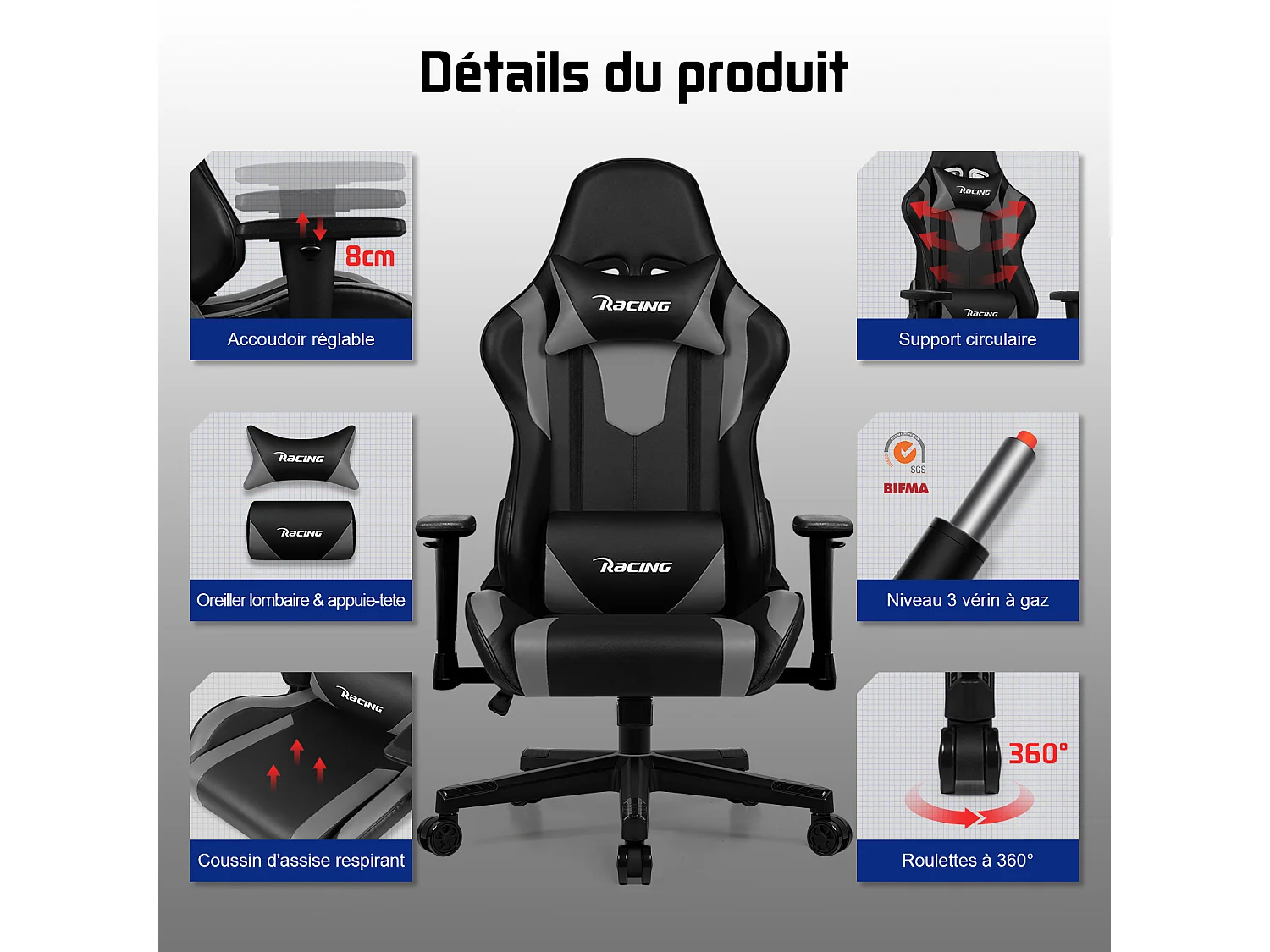Chaise Gaming - Chaise de Gaming avec Dossier Réglable de 90° à 165°- Poids Maximum 150 kg