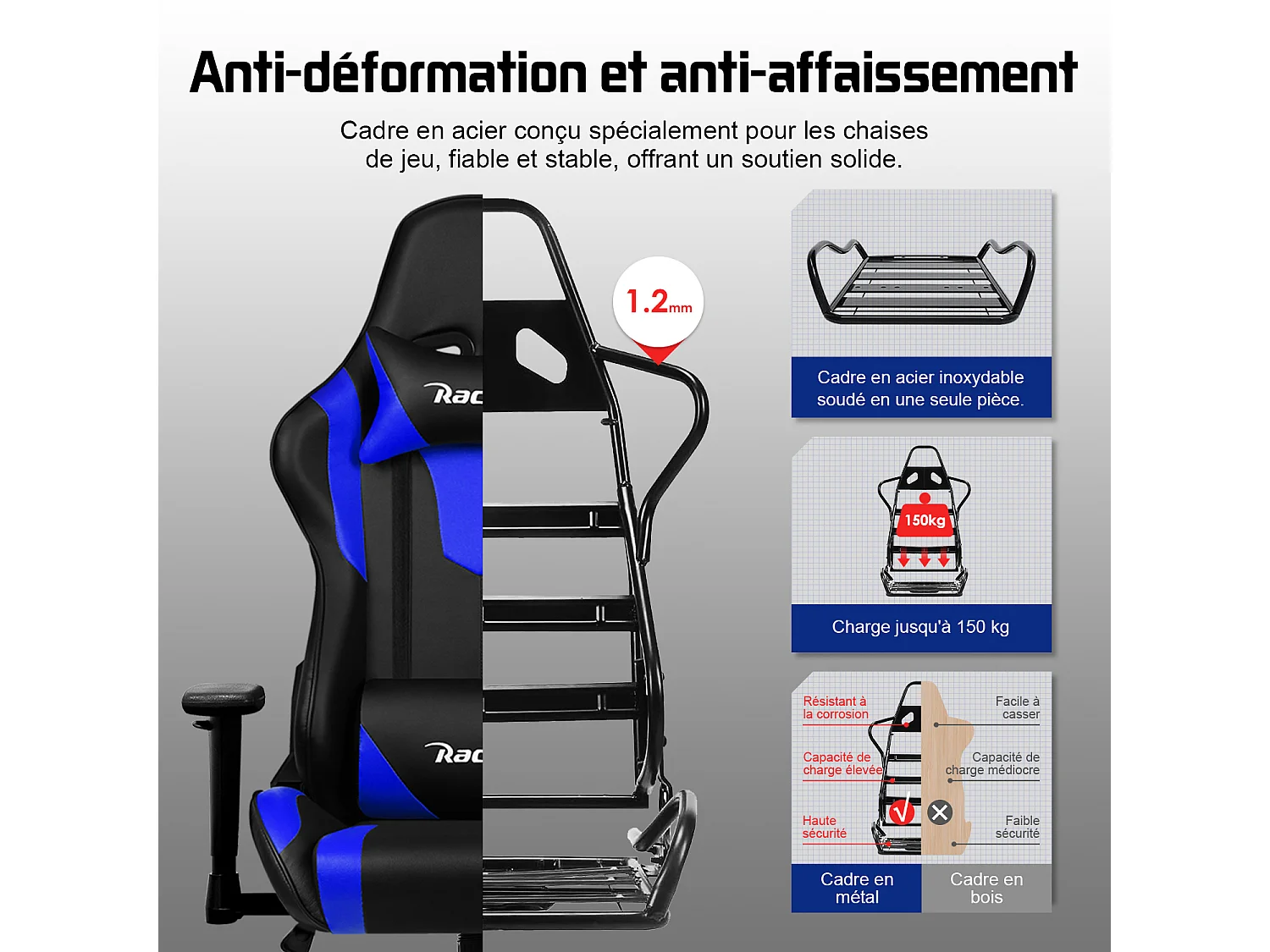 Chaise Gaming - Chaise de Jeu avec Dossier Réglable de 90° à 165°- Poids Max 150 kg