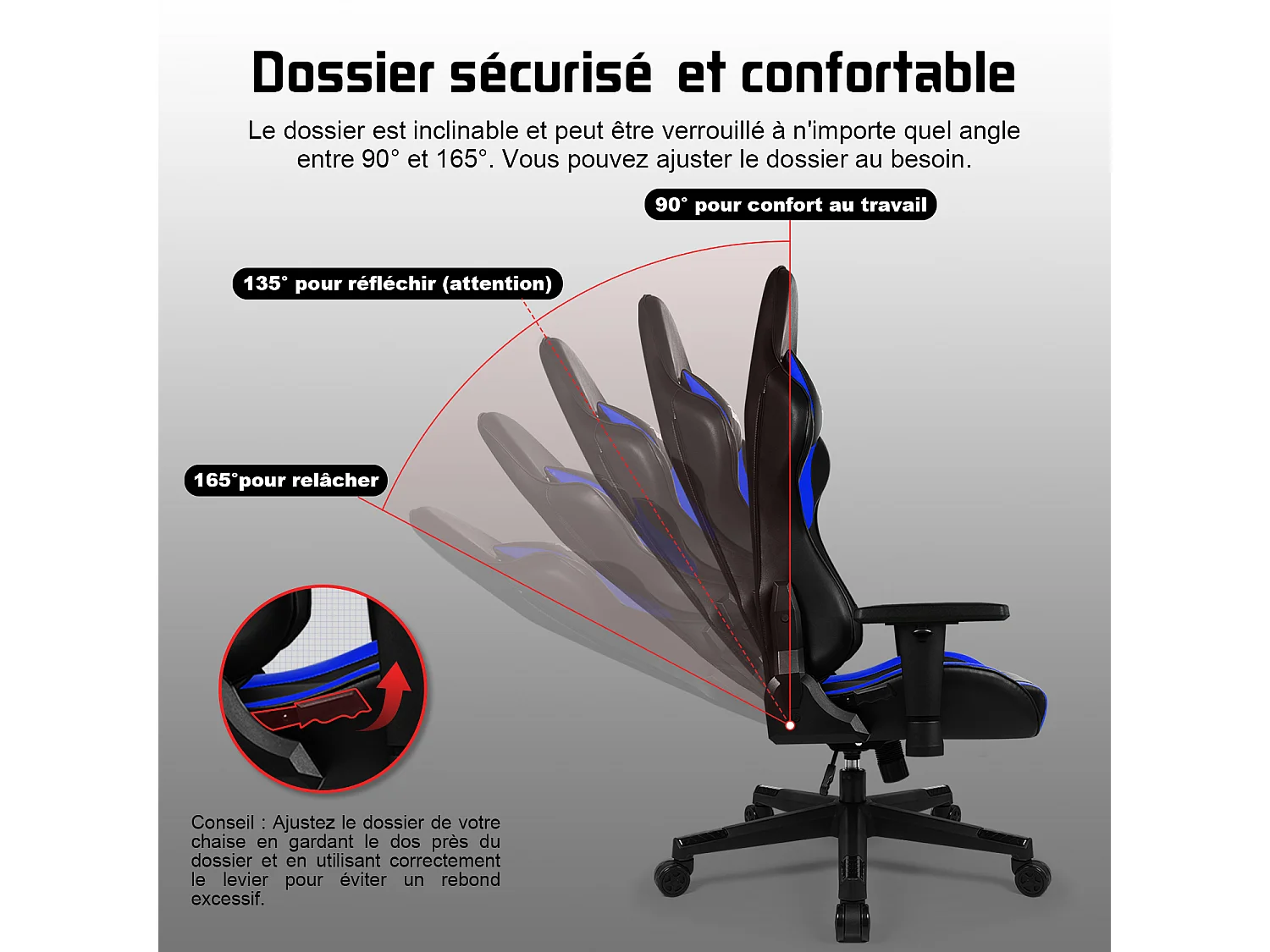 Chaise Gaming - Chaise de Jeu avec Dossier Réglable de 90° à 165°- Poids Max 150 kg