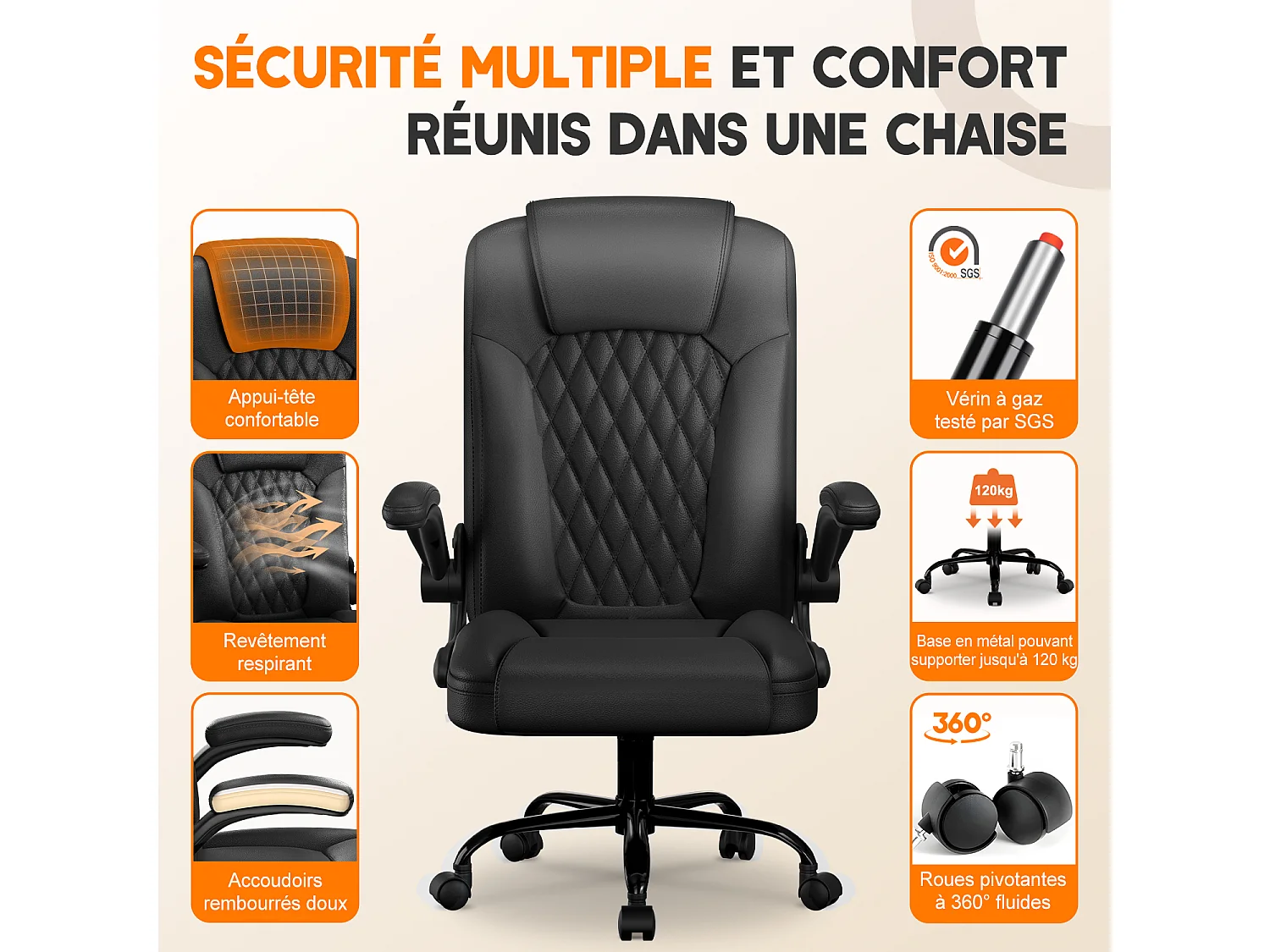 Hiazurm Chaise de Bureau Ergonomique - Chaise de Bureau avec Dossier Réglable de 90° à 120° - Chaises de Bureau pour Adultes - Chaise de Bureau et Gaming