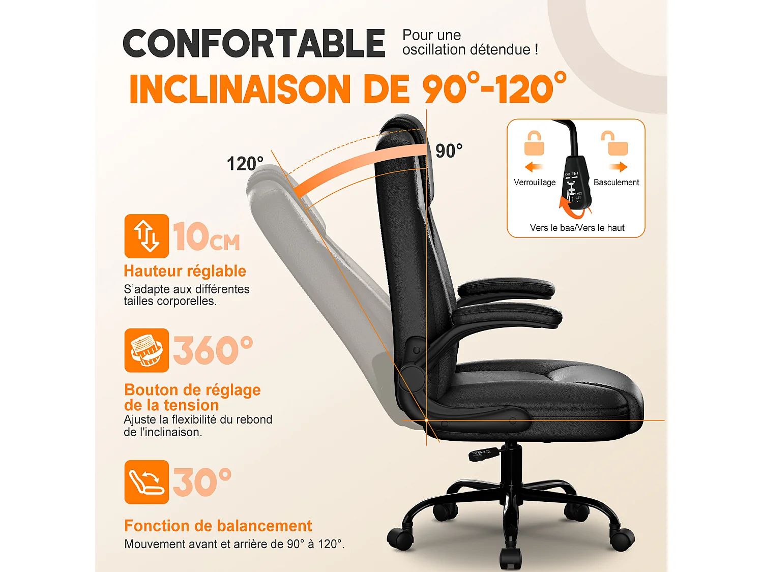 Hiazurm Chaise de Bureau Ergonomique - Chaise de Bureau avec Dossier Réglable de 90° à 120° - Chaises de Bureau pour Adultes - Chaise de Bureau et Gaming