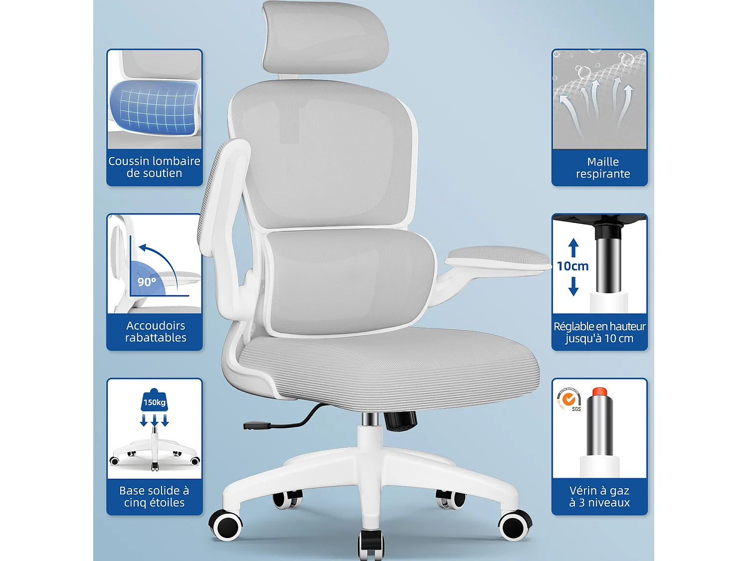 Hiazurm Chaise de Bureau Ergonomique - Chaise de Bureau avec Accoudoirs Pliables - Chaises de Bureau pour Adultes - 150 Kg - Gris