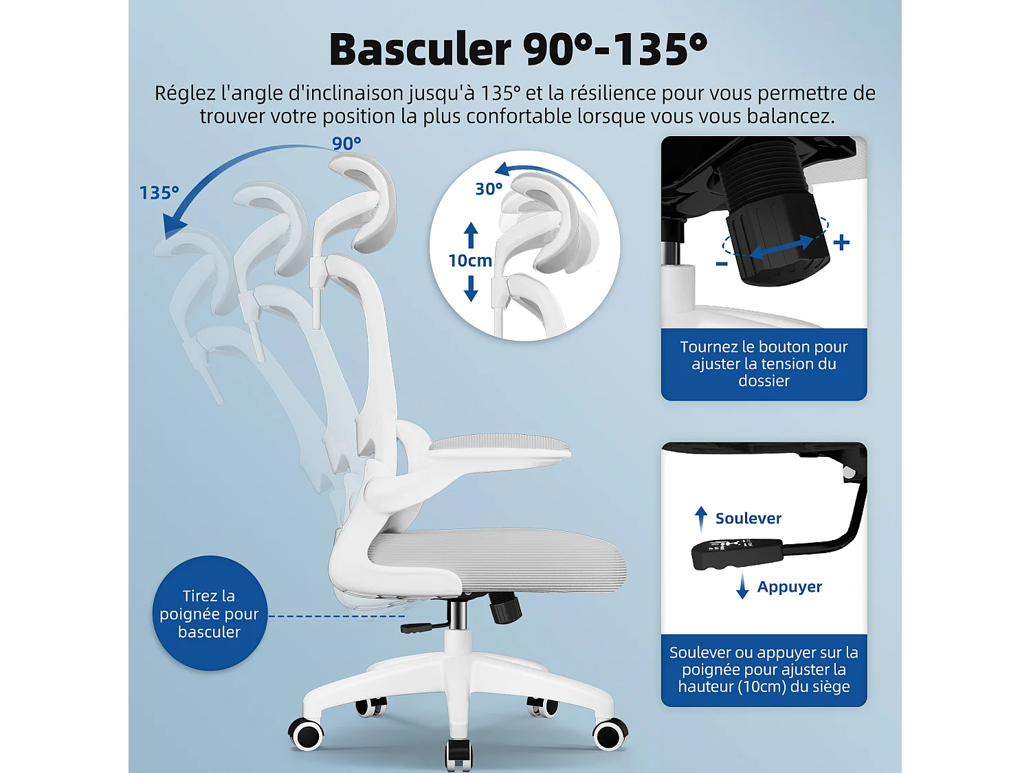 Hiazurm Chaise de Bureau Ergonomique - Chaise de Bureau avec Accoudoirs Pliables - Chaises de Bureau pour Adultes - 150 Kg - Gris