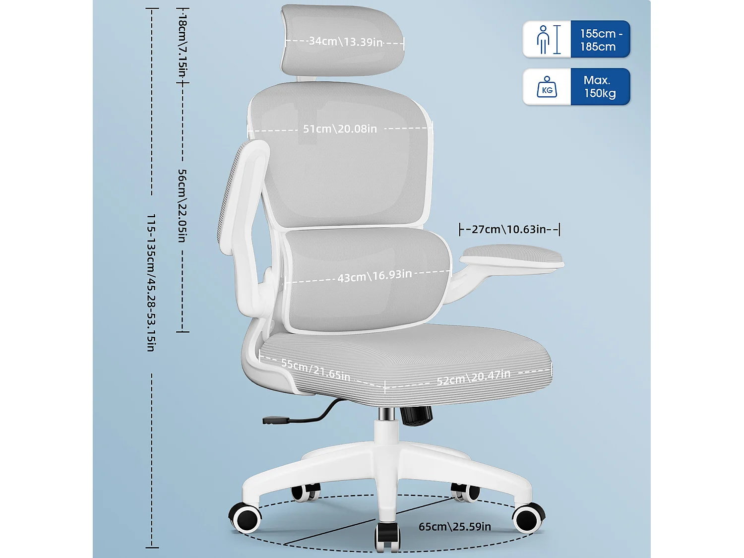 Hiazurm Chaise de Bureau Ergonomique - Chaise de Bureau avec Accoudoirs Pliables - Chaises de Bureau pour Adultes - 150 Kg - Gris
