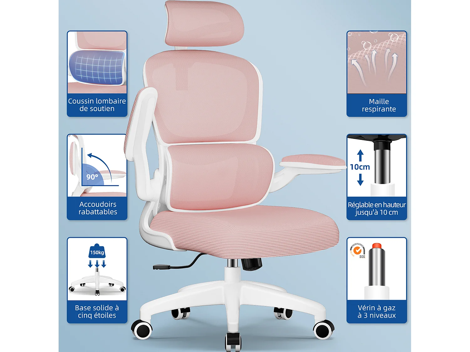 Hiazurm Chaise de Bureau Ergonomique - Chaise de Bureau avec Accoudoirs Pliables - Chaises de Bureau pour Adultes