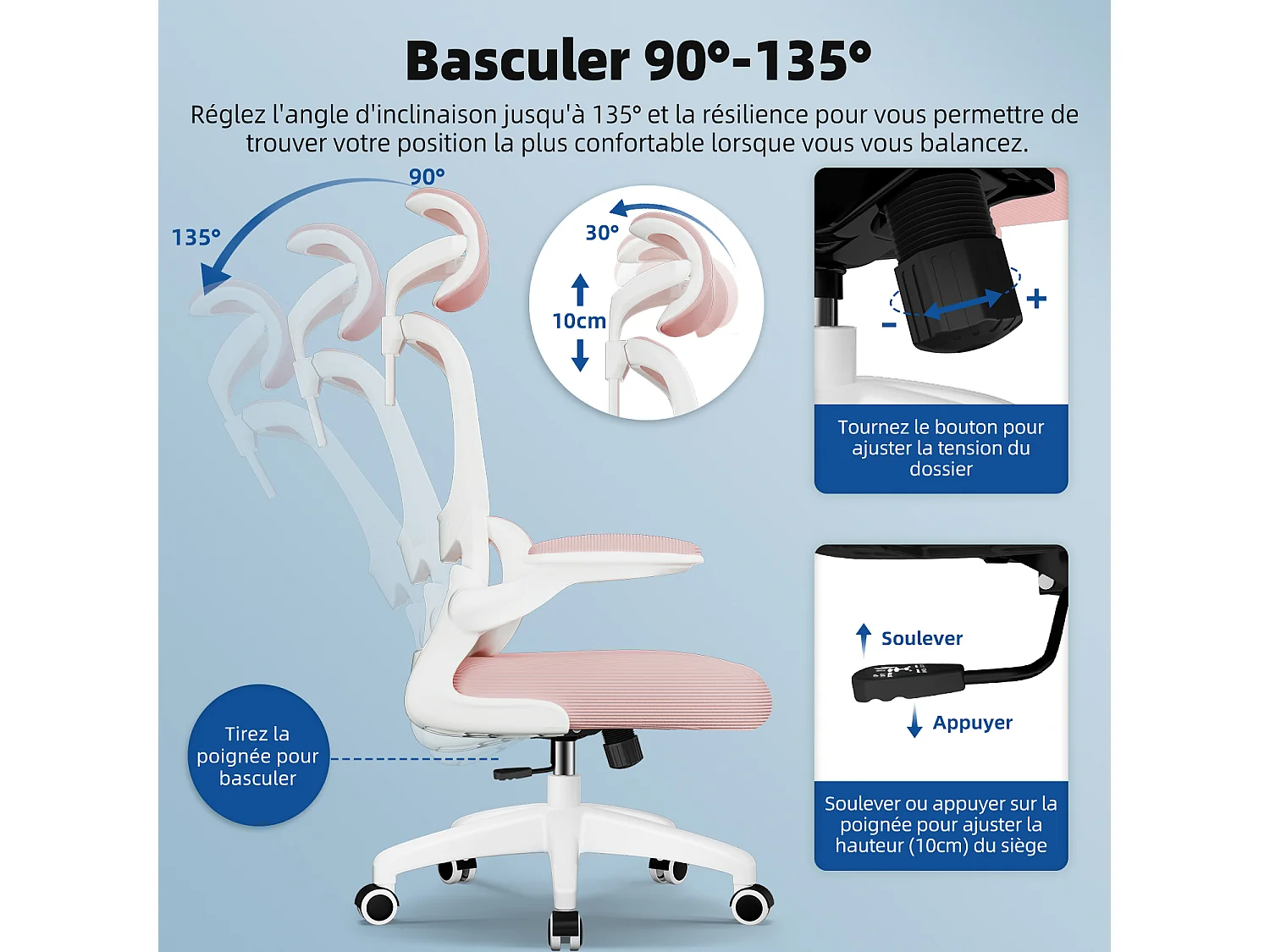 Hiazurm Chaise de Bureau Ergonomique - Chaise de Bureau avec Accoudoirs Pliables - Chaises de Bureau pour Adultes