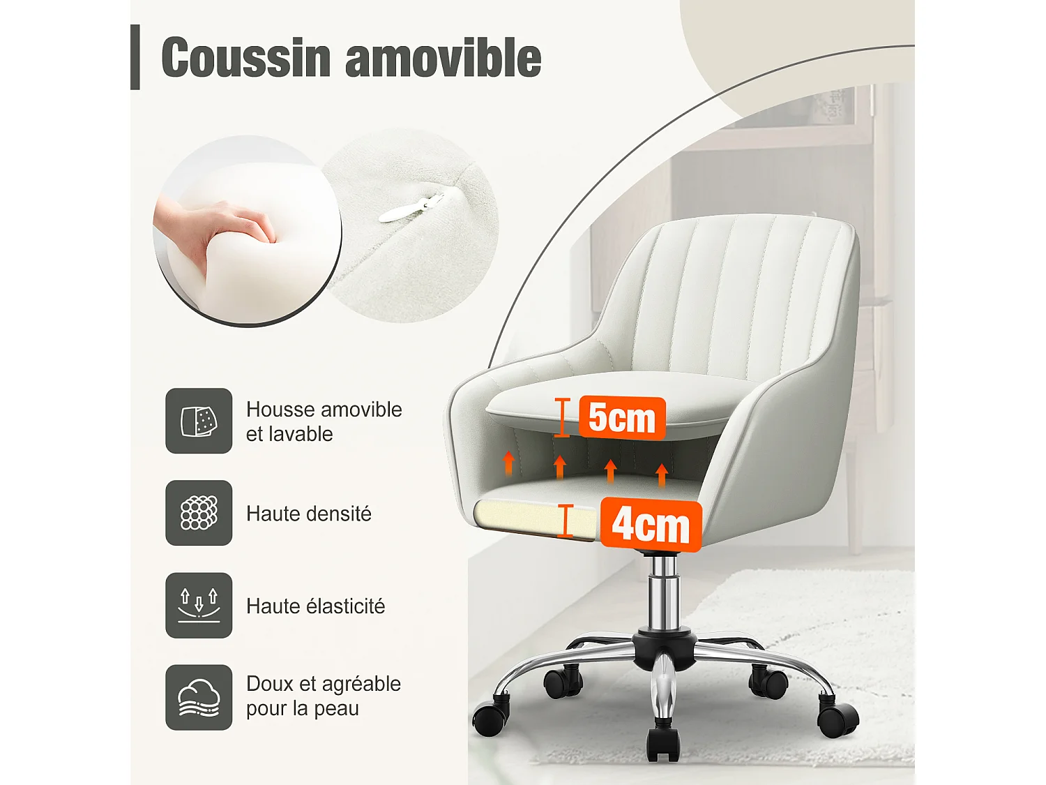 Hiazurm Chaise de Bureau Ergonomique - Chaise de Bureau avec Revêtement Doux en Bouclé, Accoudoirs Intégrés, Coussin Épais en Teddy