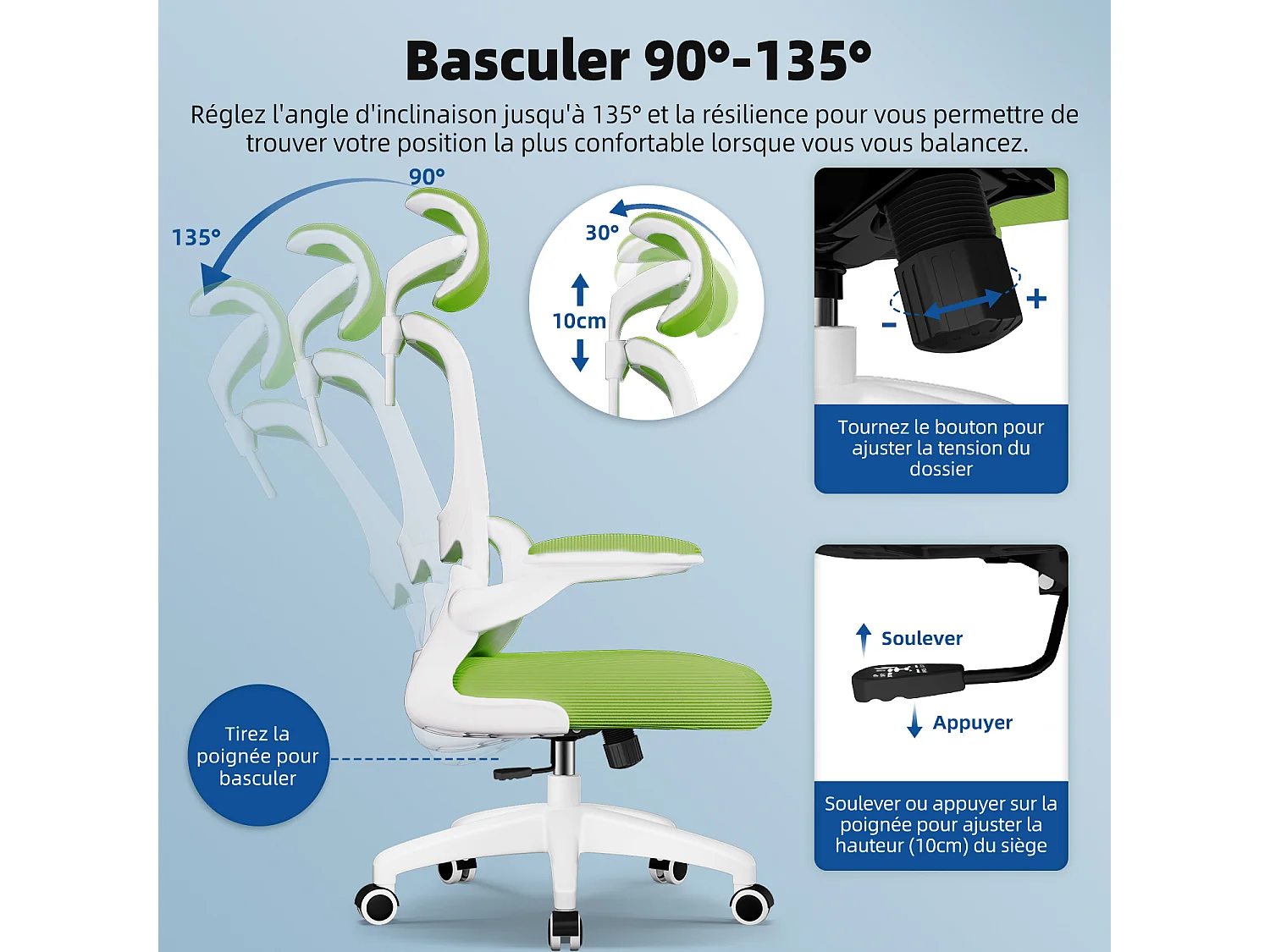 Hiazurm Chaise de Bureau Ergonomique - Chaise de Bureau avec Accoudoirs Pliables - Chaises de Bureau pour Adultes