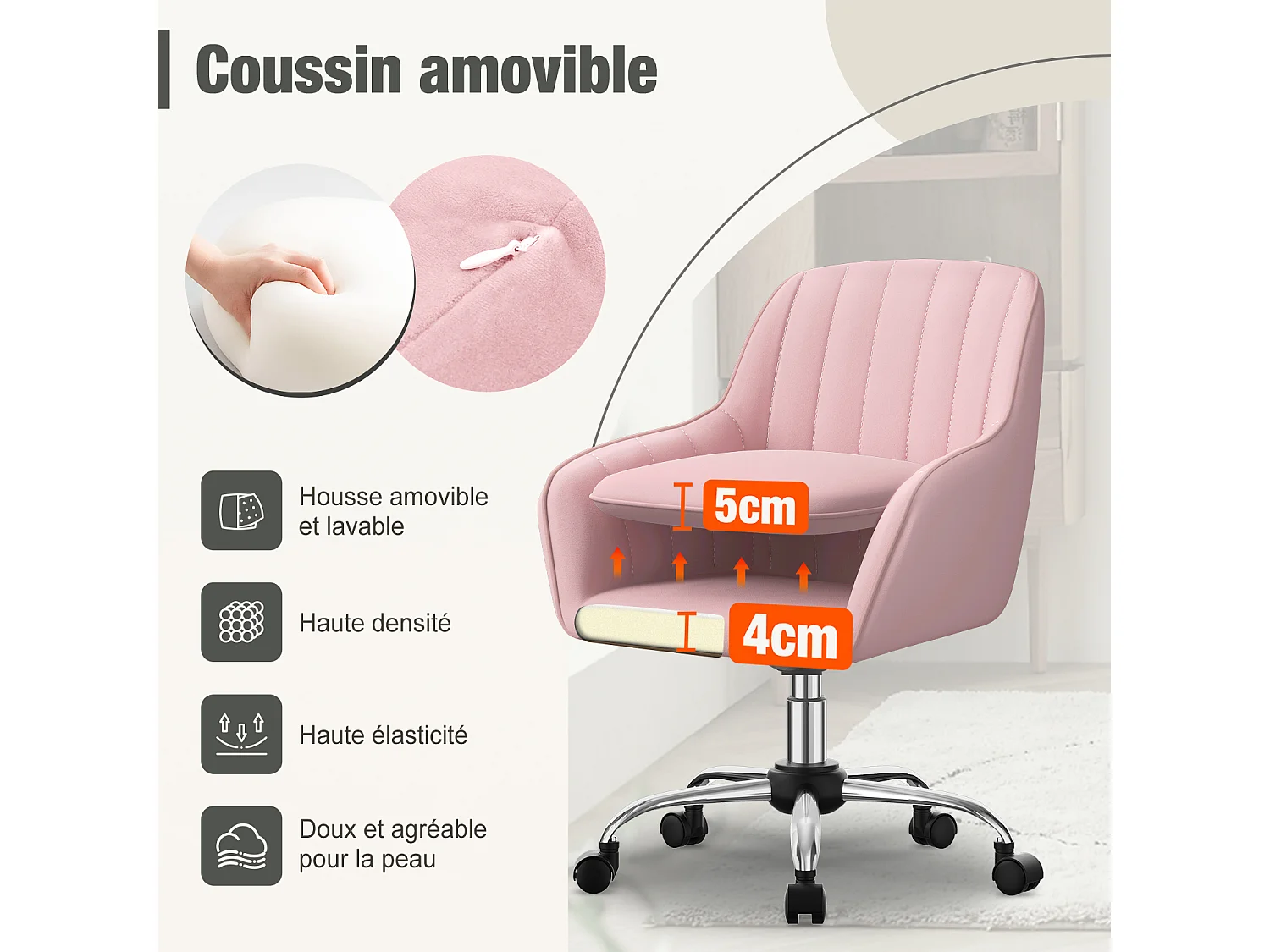 Hiazurm Chaise de Bureau Ergonomique - Chaise de Bureau avec Revêtement Doux en Bouclé, Accoudoirs Intégrés, Coussin Épais en Teddy