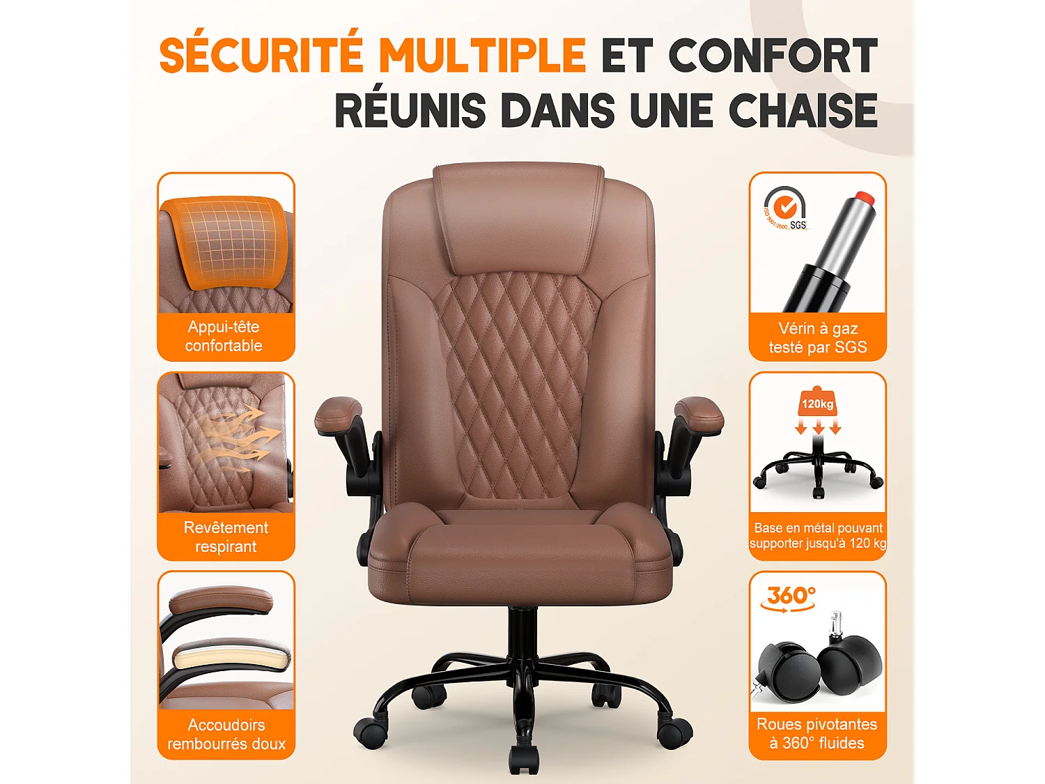 Hiazurm Chaise de Bureau Ergonomique - Chaise de Bureau avec Dossier Réglable de 90° à 120° - Chaises de Bureau pour Adultes - Accoudoirs Pliables