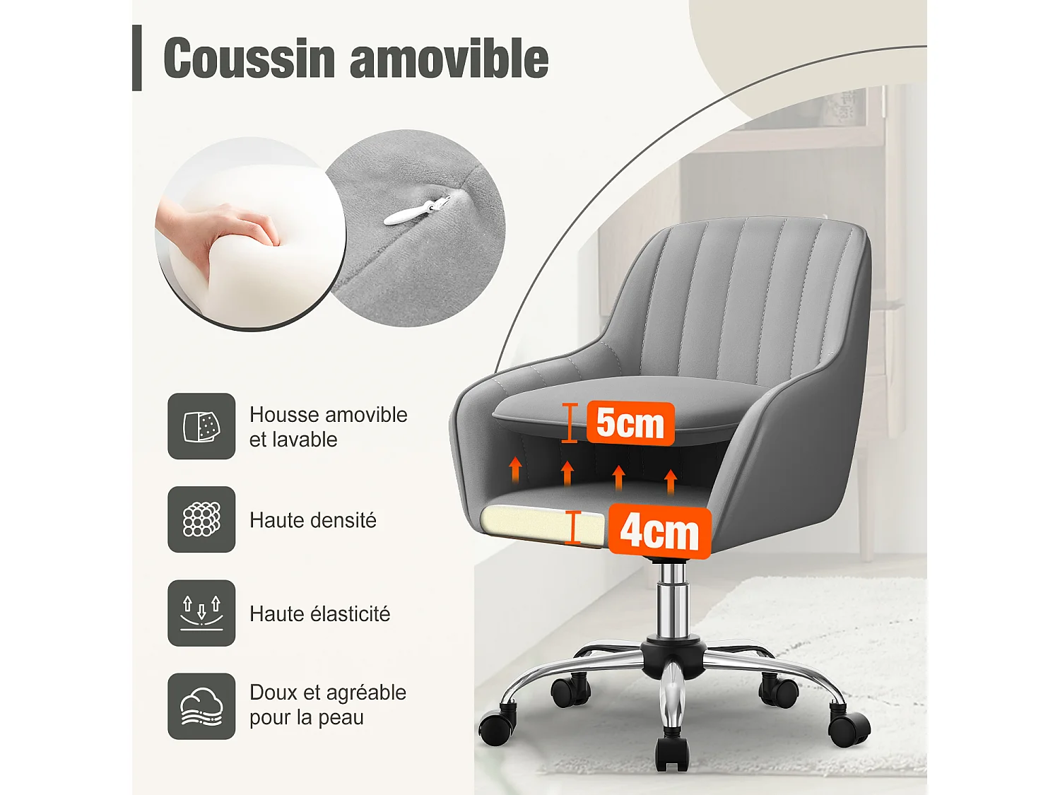 Hiazurm Chaise de Bureau Ergonomique - Chaise de Bureau avec Revêtement Doux en Bouclé, Accoudoirs Intégrés, Coussin Épais en Teddy