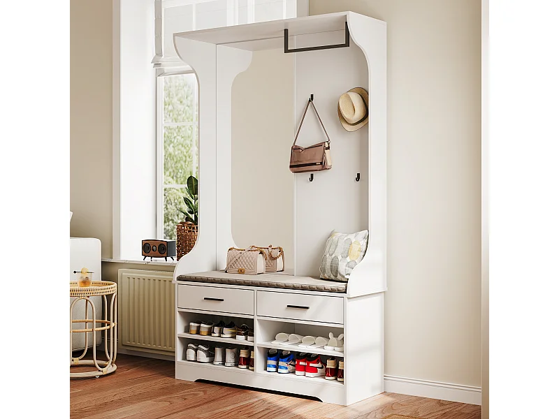 Meuble Vestiaire d'Entrée avec Miroir, Crochets et Rangements pour Chaussures - Design Moderne