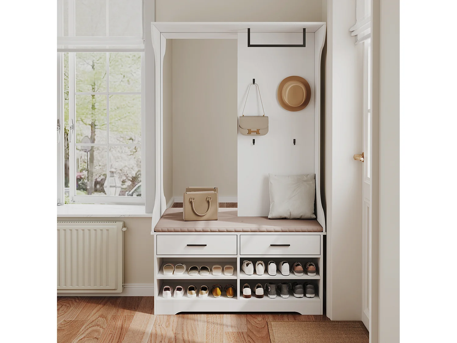 Meuble Vestiaire d'Entrée avec Miroir, Crochets et Rangements pour Chaussures - Design Moderne