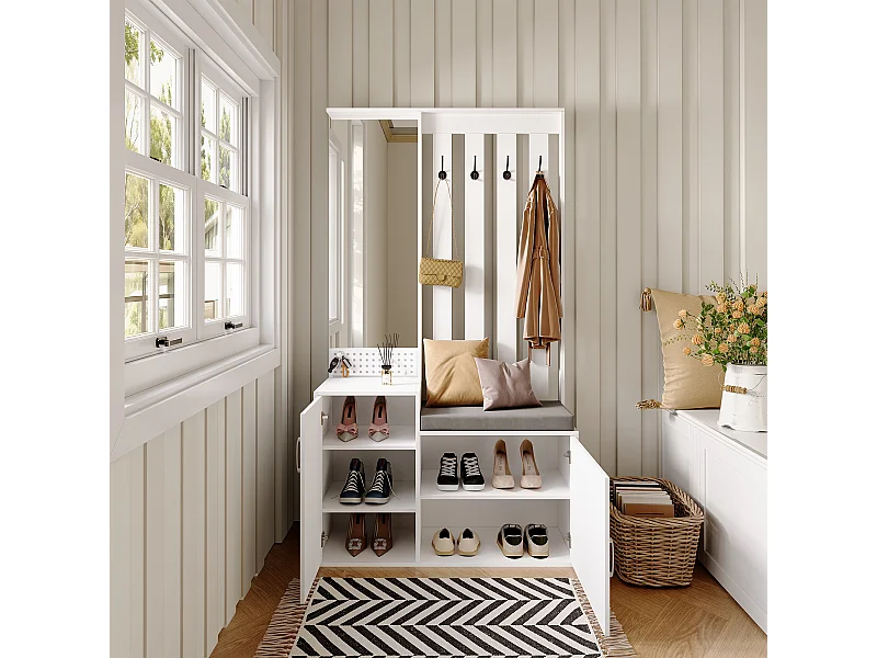 Portemanteau 6 en 1 – Miroir, Banc Rembourré, Étagère à Chaussures, Crochets, Design Moderne Blanc