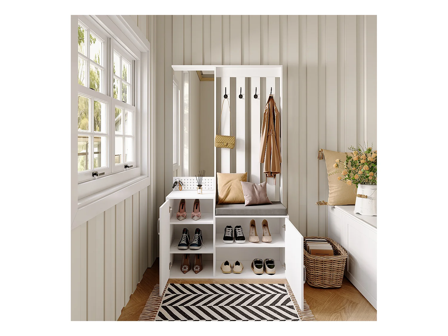 Portemanteau 6 en 1 – Miroir, Banc Rembourré, Étagère à Chaussures, Crochets, Design Moderne Blanc