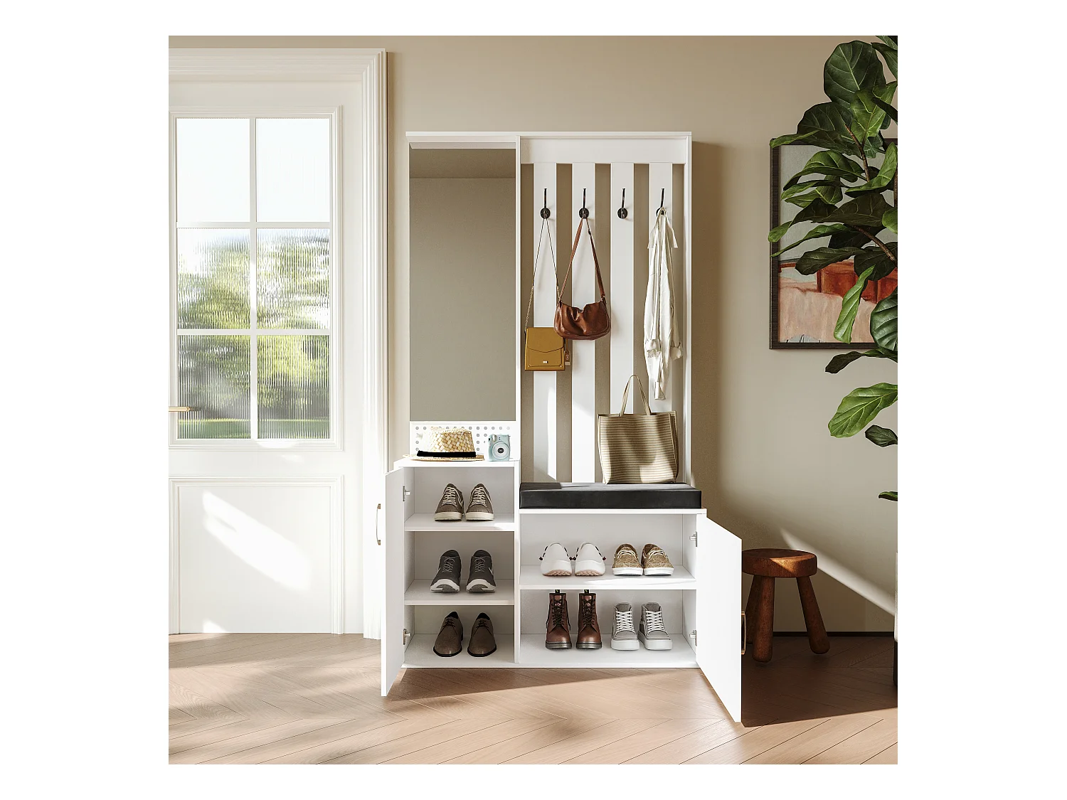 Portemanteau 6 en 1 – Miroir, Banc Rembourré, Étagère à Chaussures, Crochets, Design Moderne Blanc