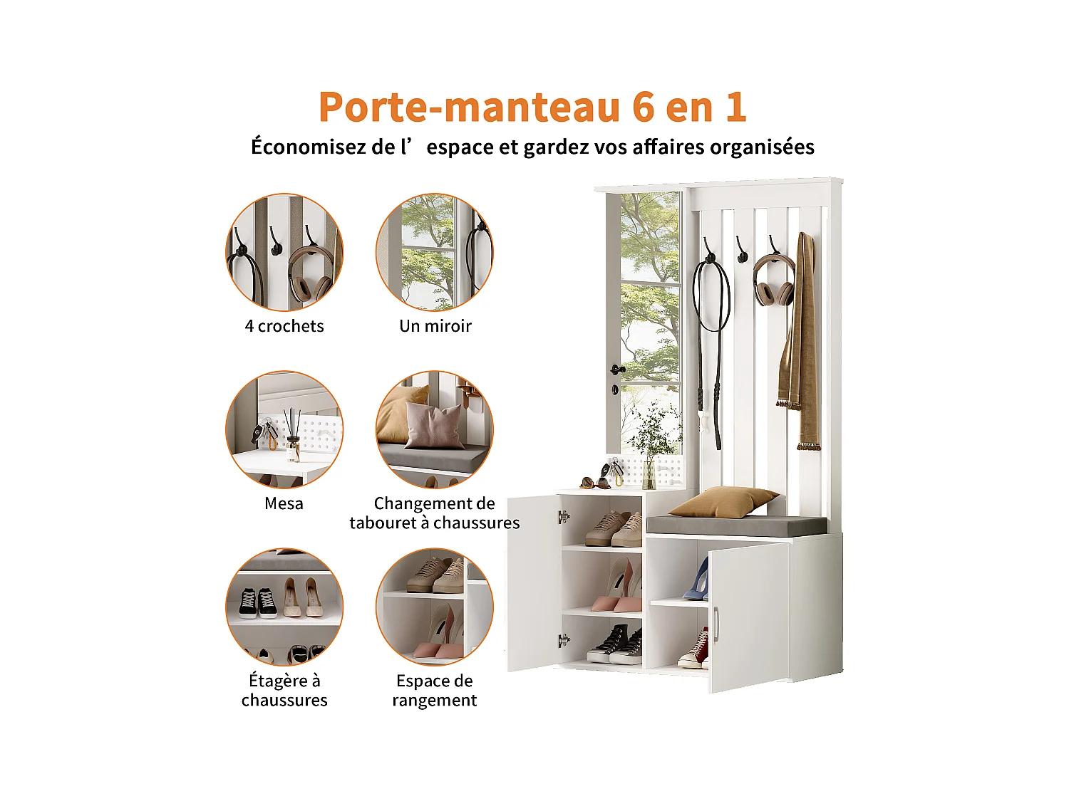 Portemanteau 6 en 1 – Miroir, Banc Rembourré, Étagère à Chaussures, Crochets, Design Moderne Blanc