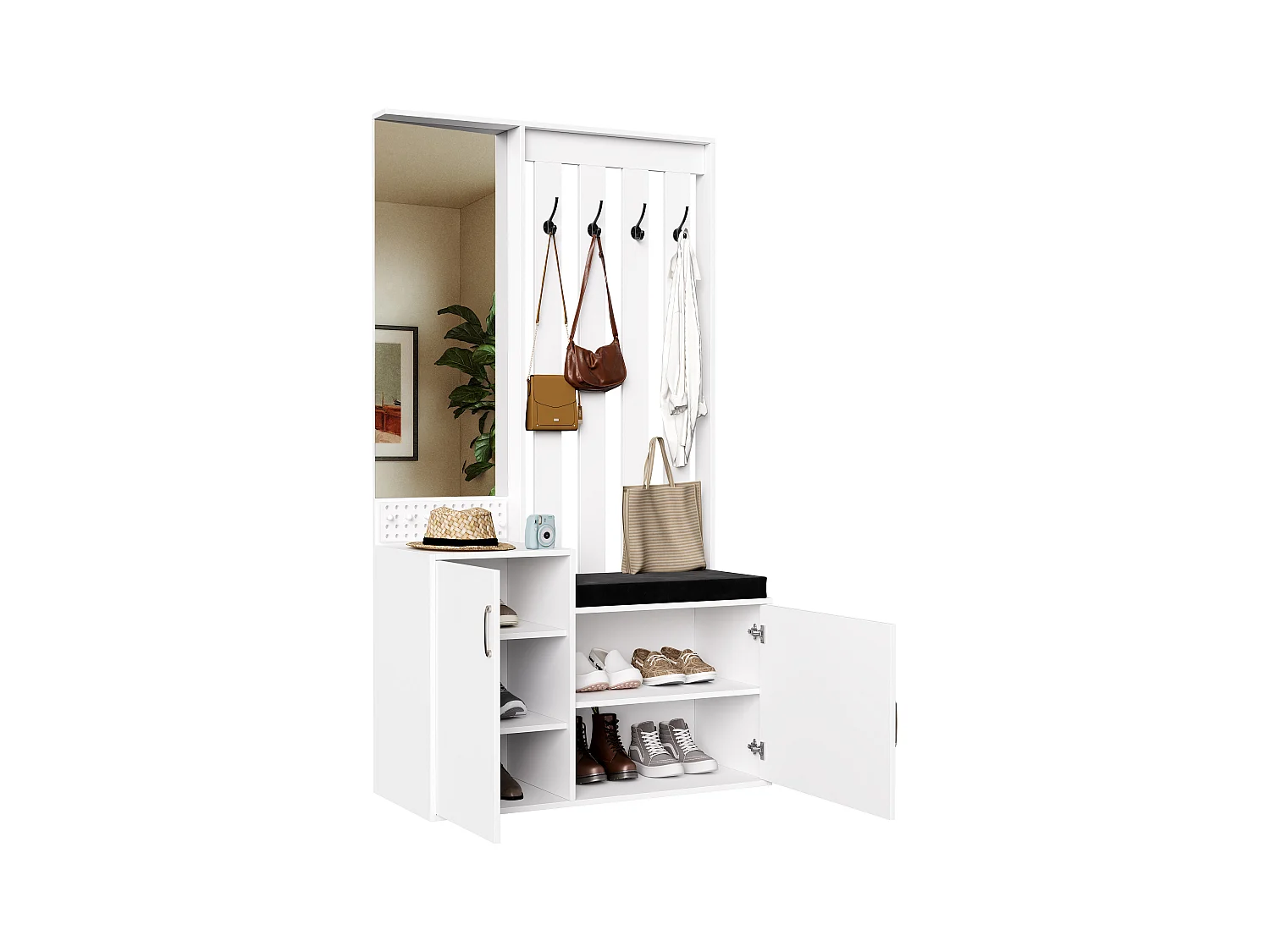 Portemanteau 6 en 1 – Miroir, Banc Rembourré, Étagère à Chaussures, Crochets, Design Moderne Blanc