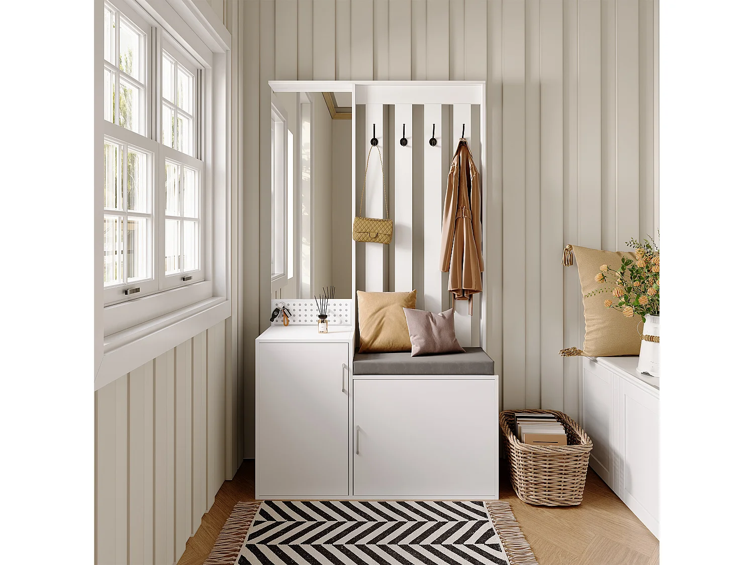 6-in-1 kapstok - spiegel, gestoffeerde bank, schoenenrek, haken, modern design wit