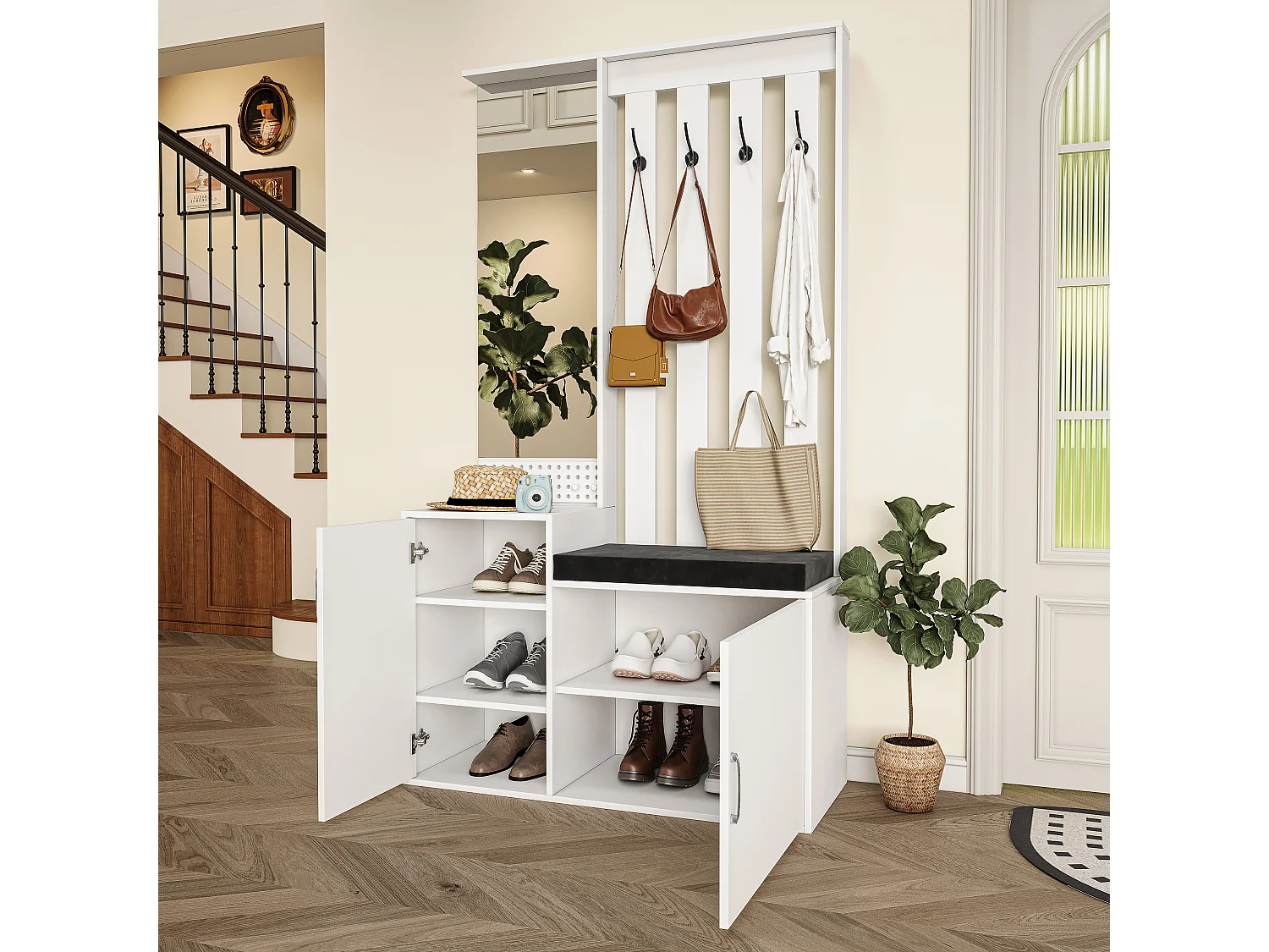 6-in-1 kapstok - spiegel, gestoffeerde bank, schoenenrek, haken, modern design wit