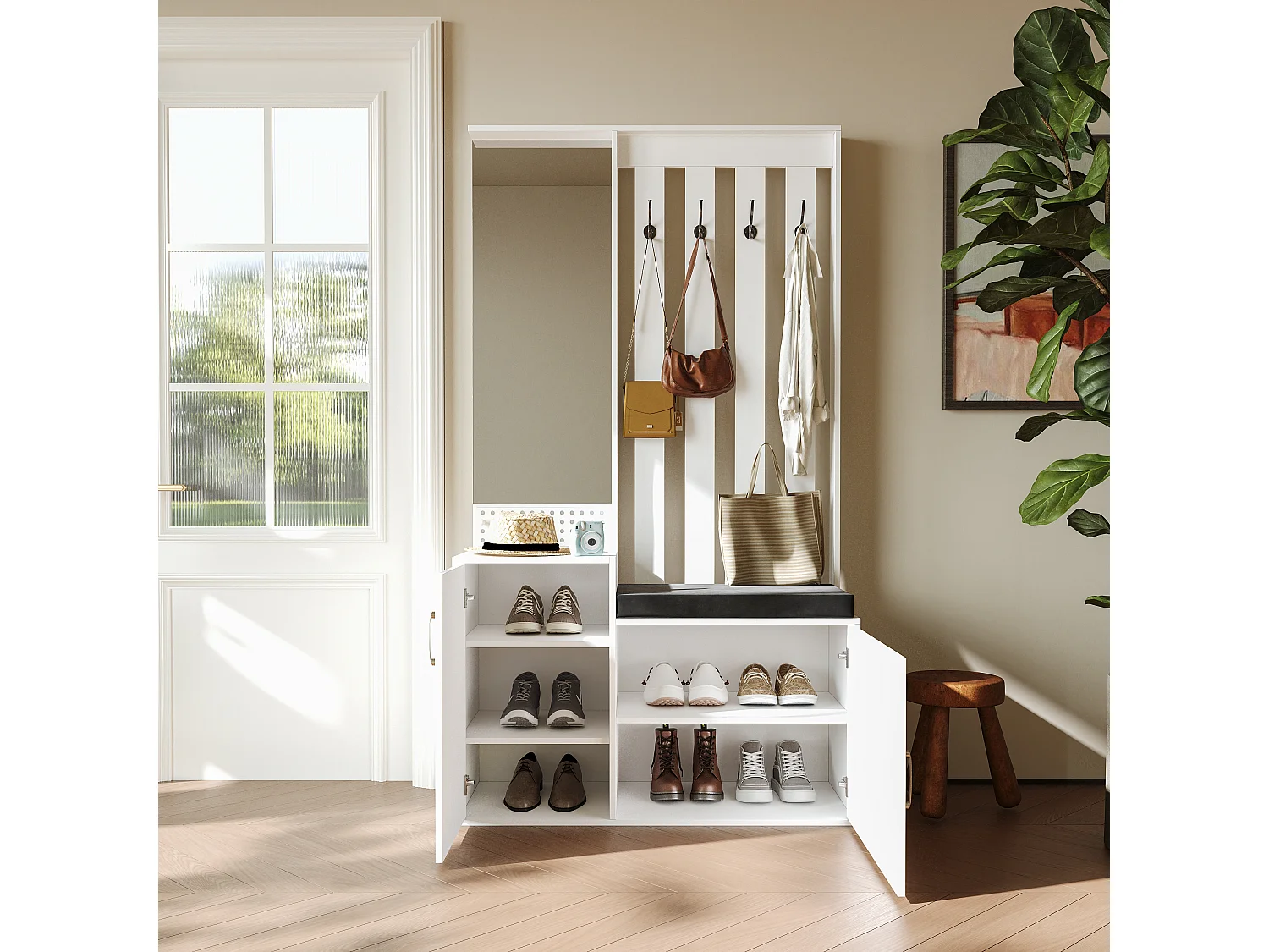 6-in-1 kapstok - spiegel, gestoffeerde bank, schoenenrek, haken, modern design wit