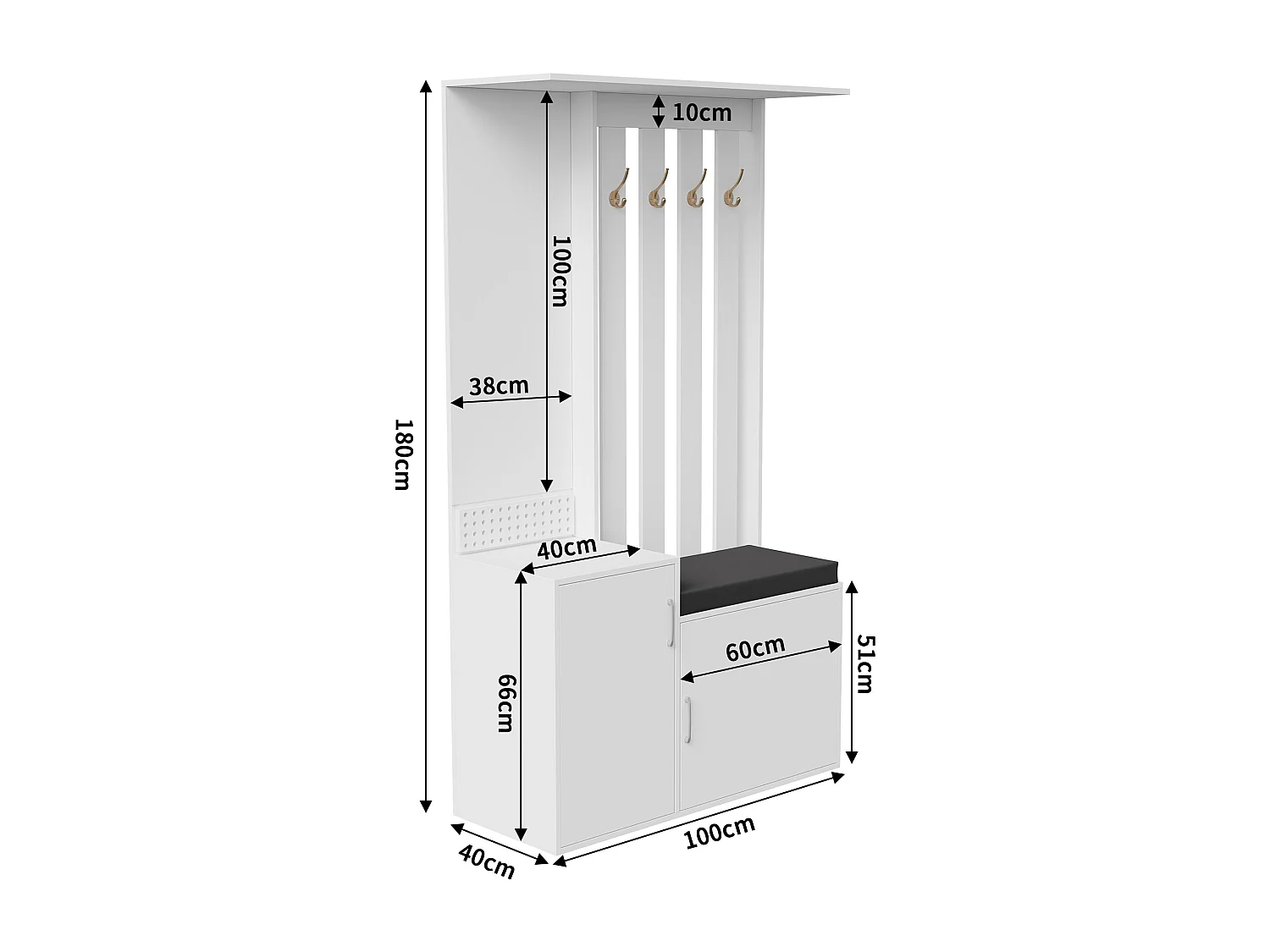 6-in-1 kapstok - spiegel, gestoffeerde bank, schoenenrek, haken, modern design wit