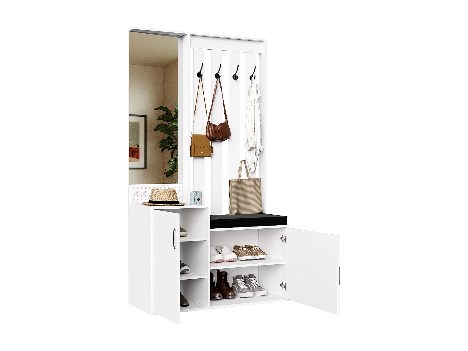 6-in-1 kapstok - spiegel, gestoffeerde bank, schoenenrek, haken, modern design wit