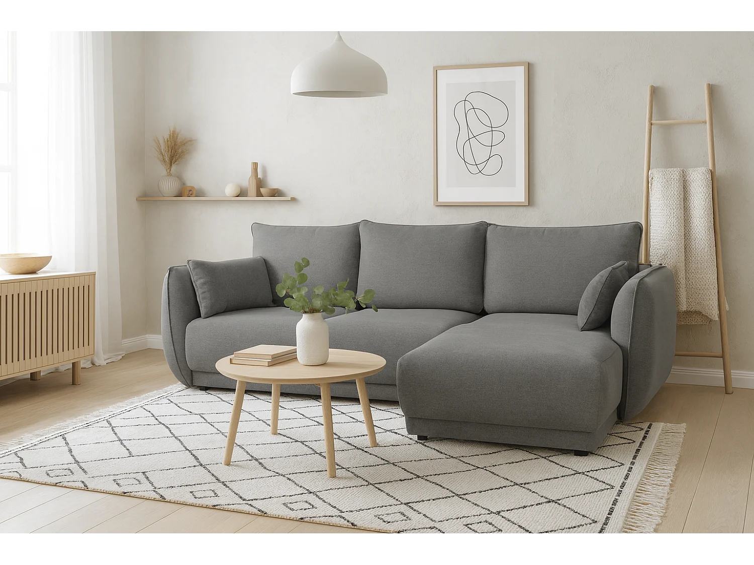 Ecksofa rechts Loren mit Schlaffunktion 250x150x90 cm – Stoff Raven 7 grau