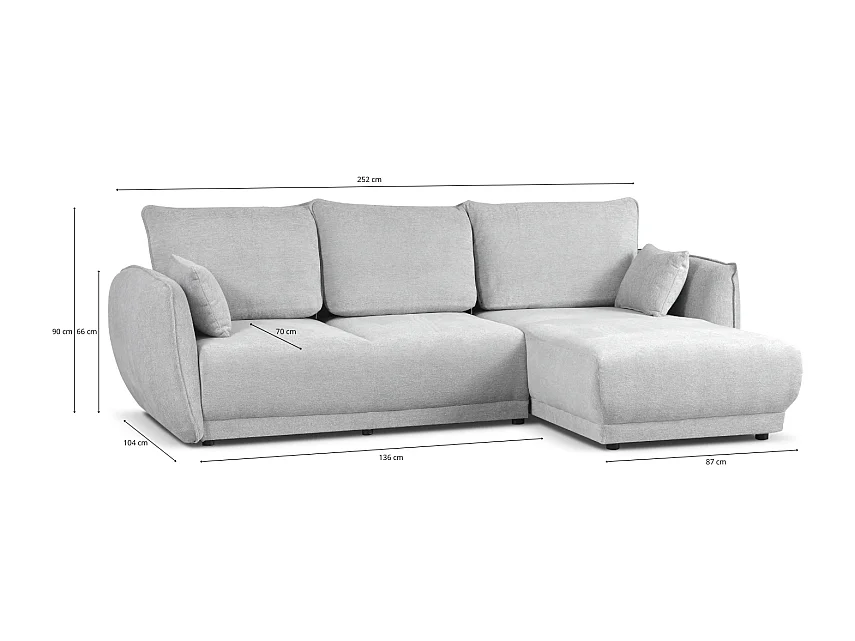 Ecksofa rechts Loren mit Schlaffunktion 250x150x90 cm – Stoff Raven 7 grau