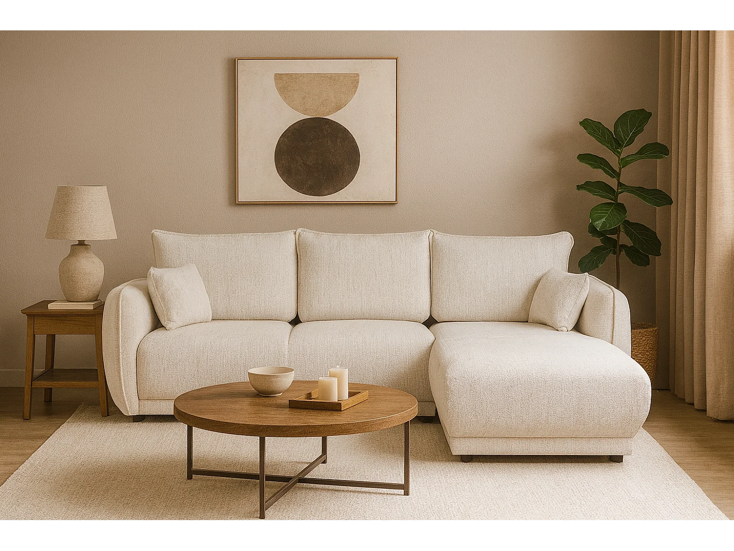 Hoekbank rechts Loren met slaapfunctie 250x150x90 cm – Stof Bello 5 crème